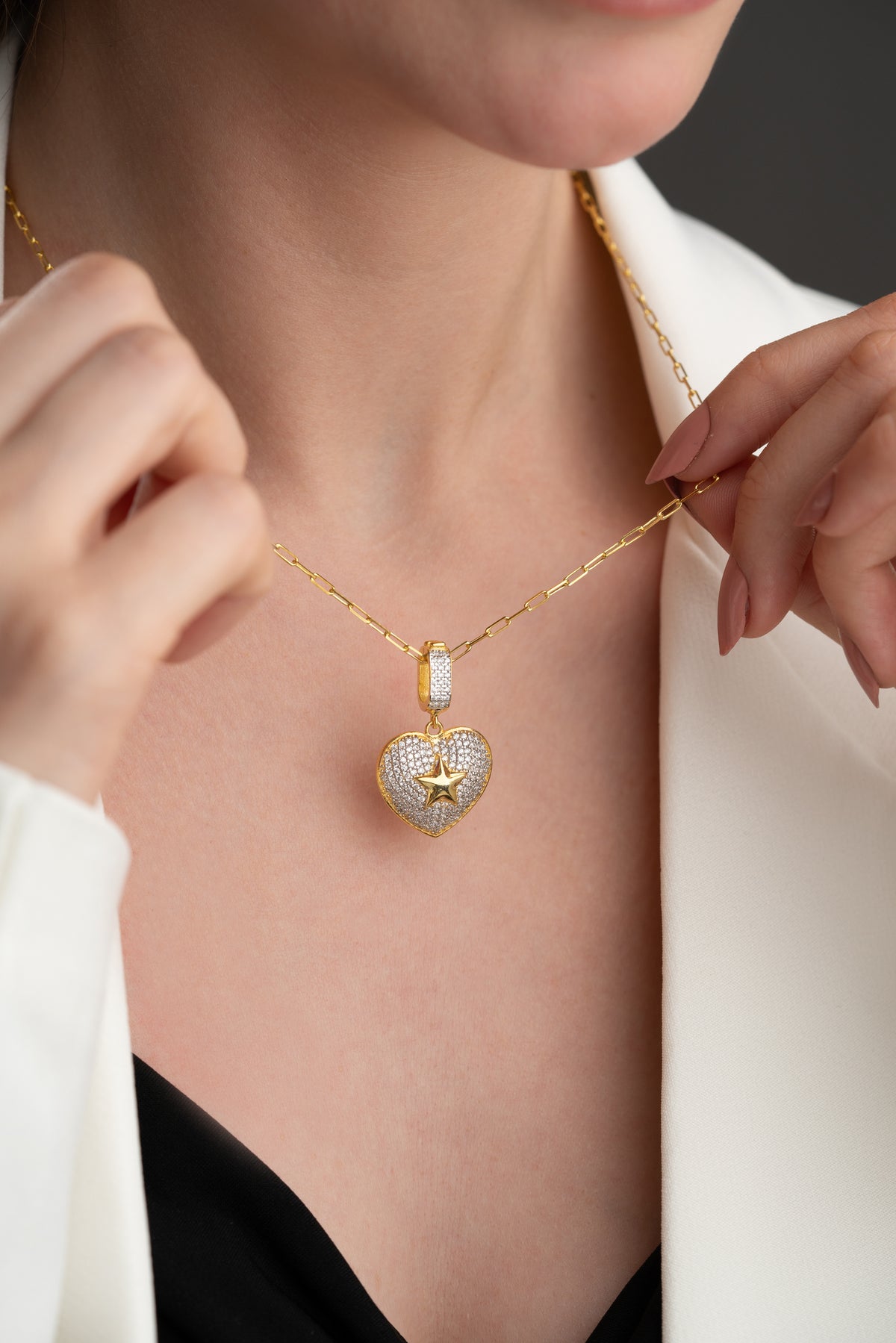 Pave Heart and Star Pendant Necklace