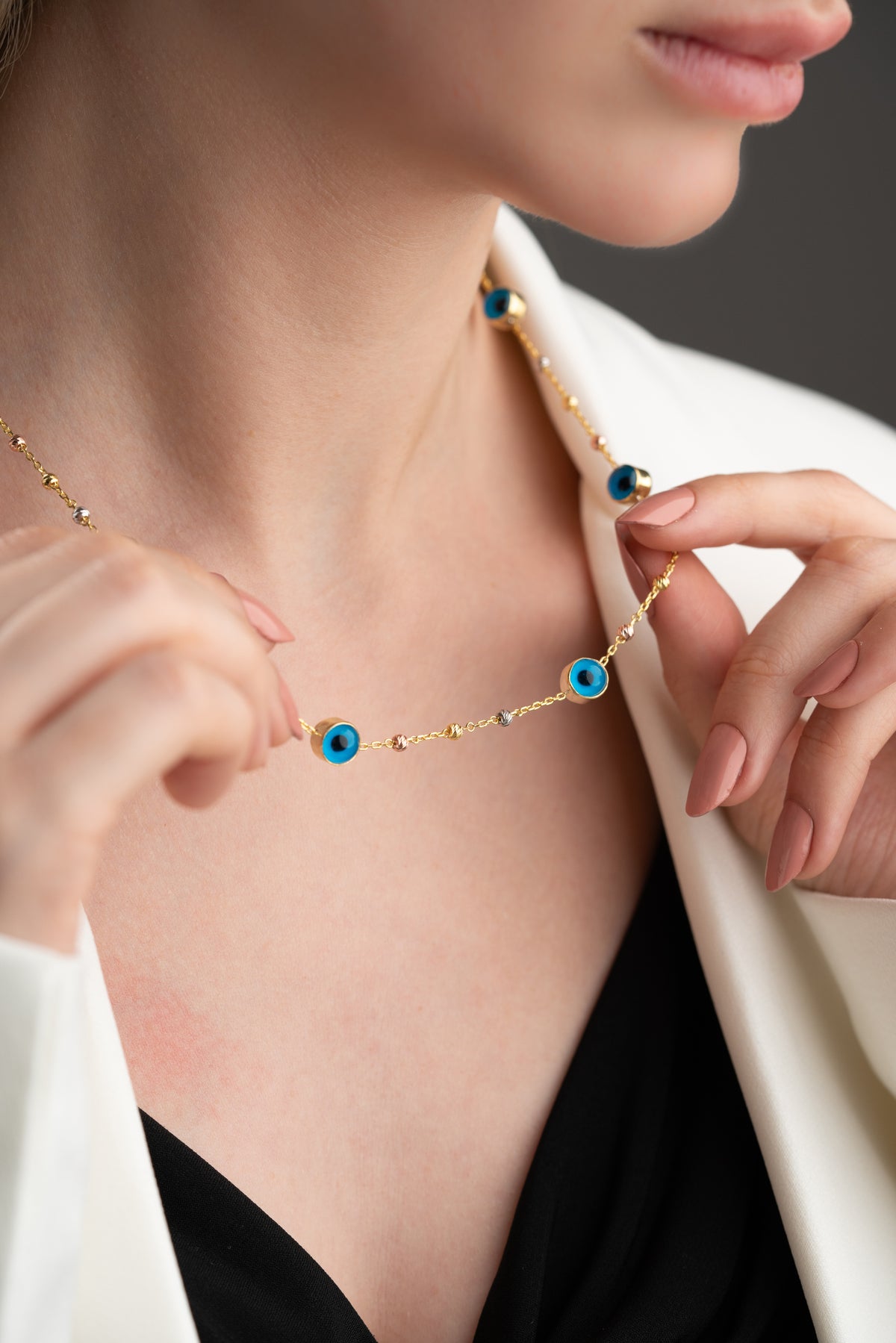 Evil Eye Beaded Station Necklace in Gold