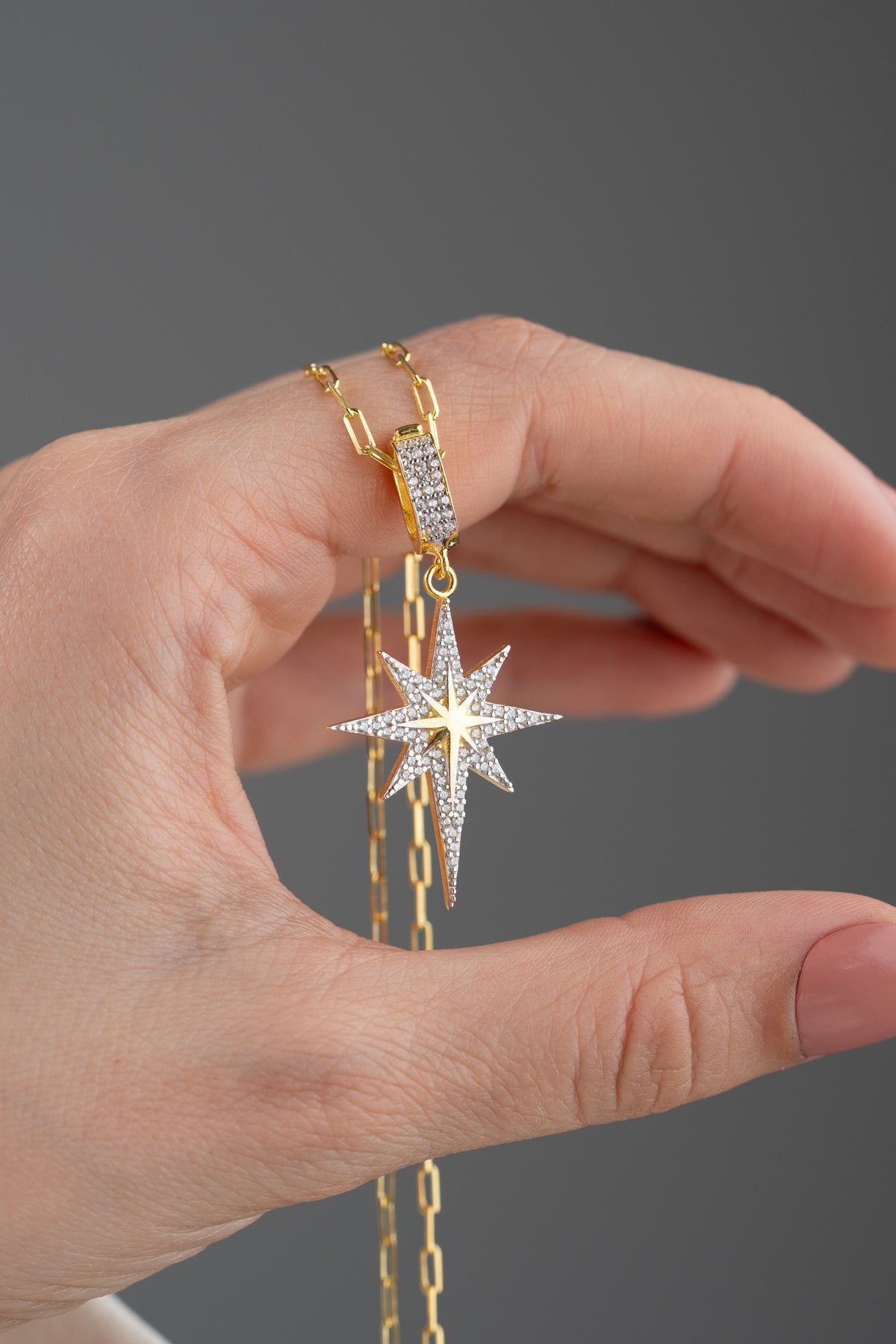 Pave North Star Pendant Necklace in Gold