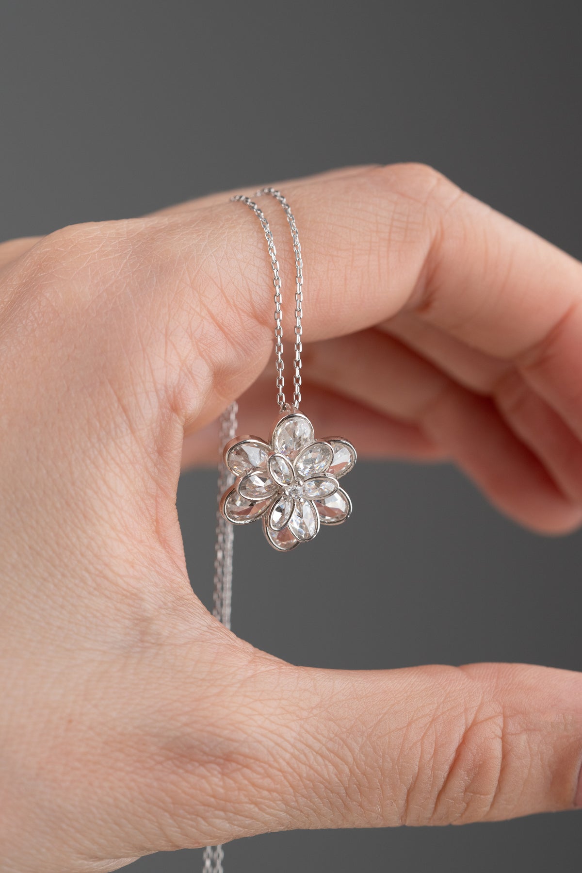 Crystal Flower Pendant Necklace in Silver