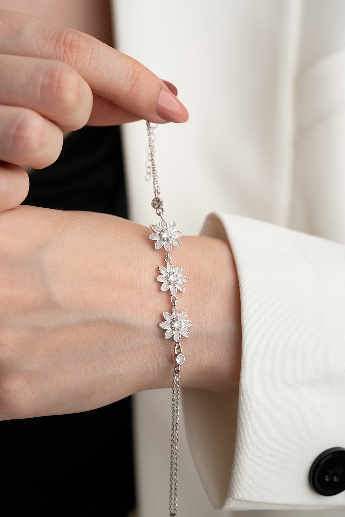 Triple Flower Crystal Bracelet in Silver