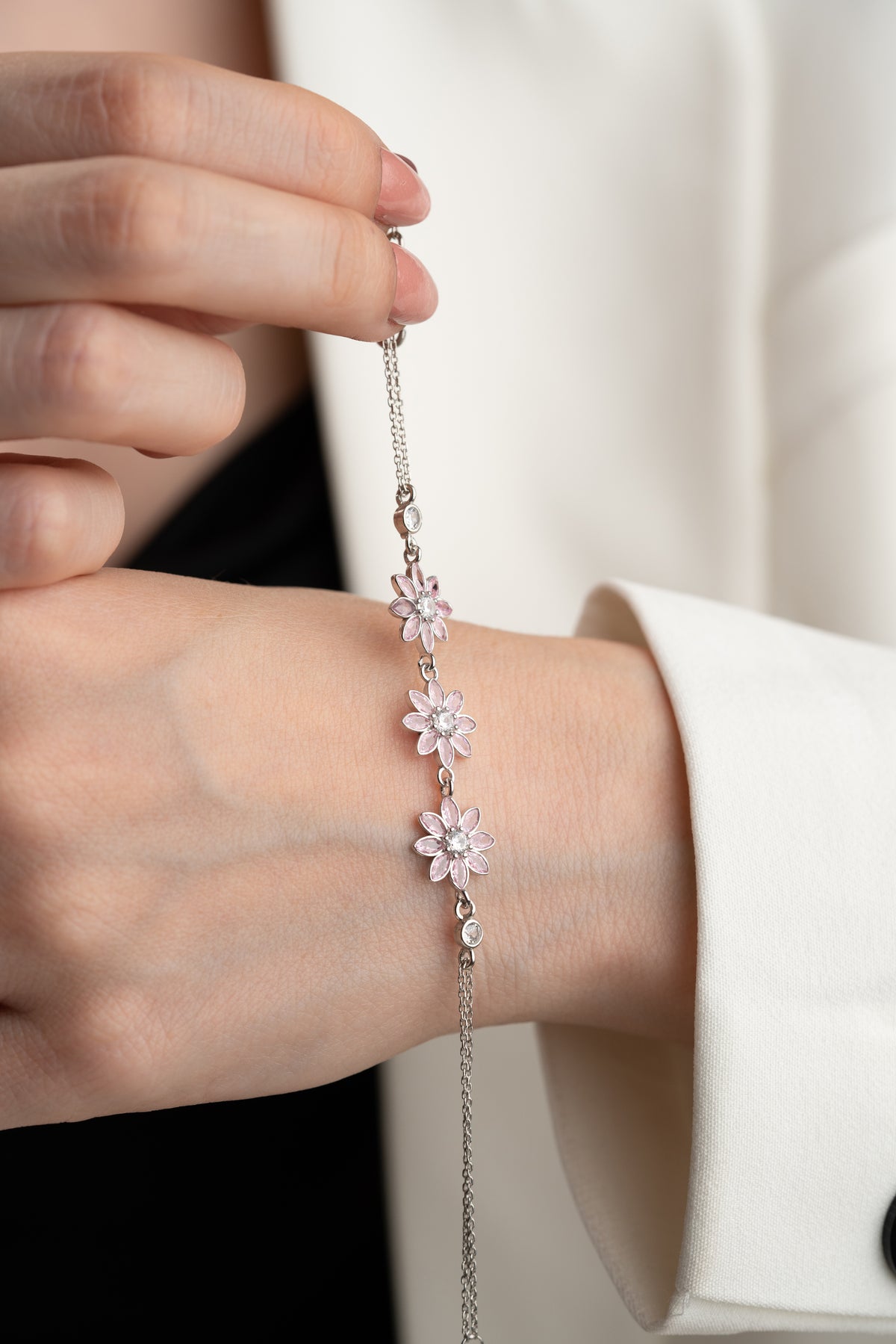 Pink Crystal Flower Trio Bracelet