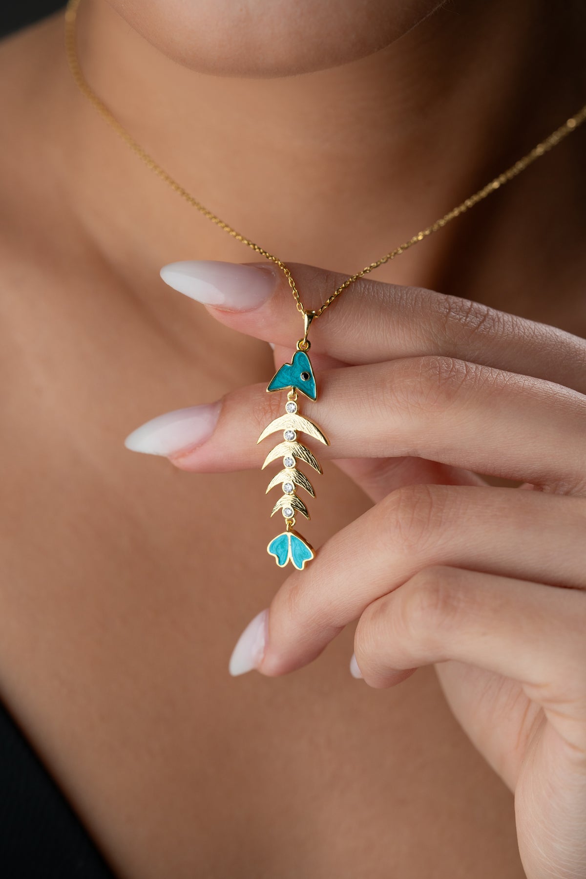 Turquoise Enamel Fish Bone Necklace