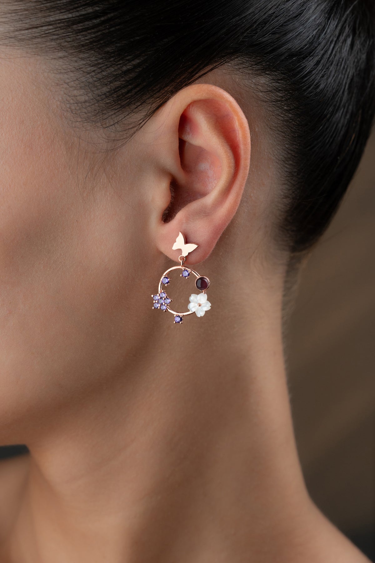 Butterfly Wreath Drop Earrings in Rose Gold