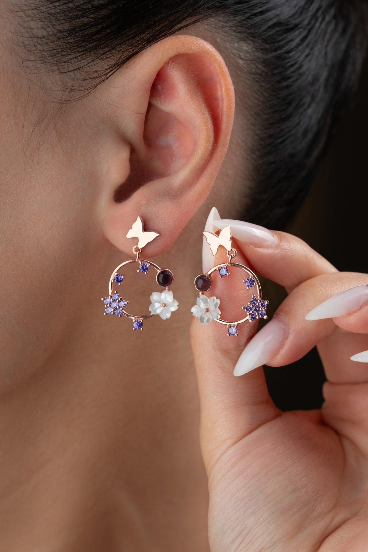 Butterfly Wreath Drop Earrings in Rose Gold