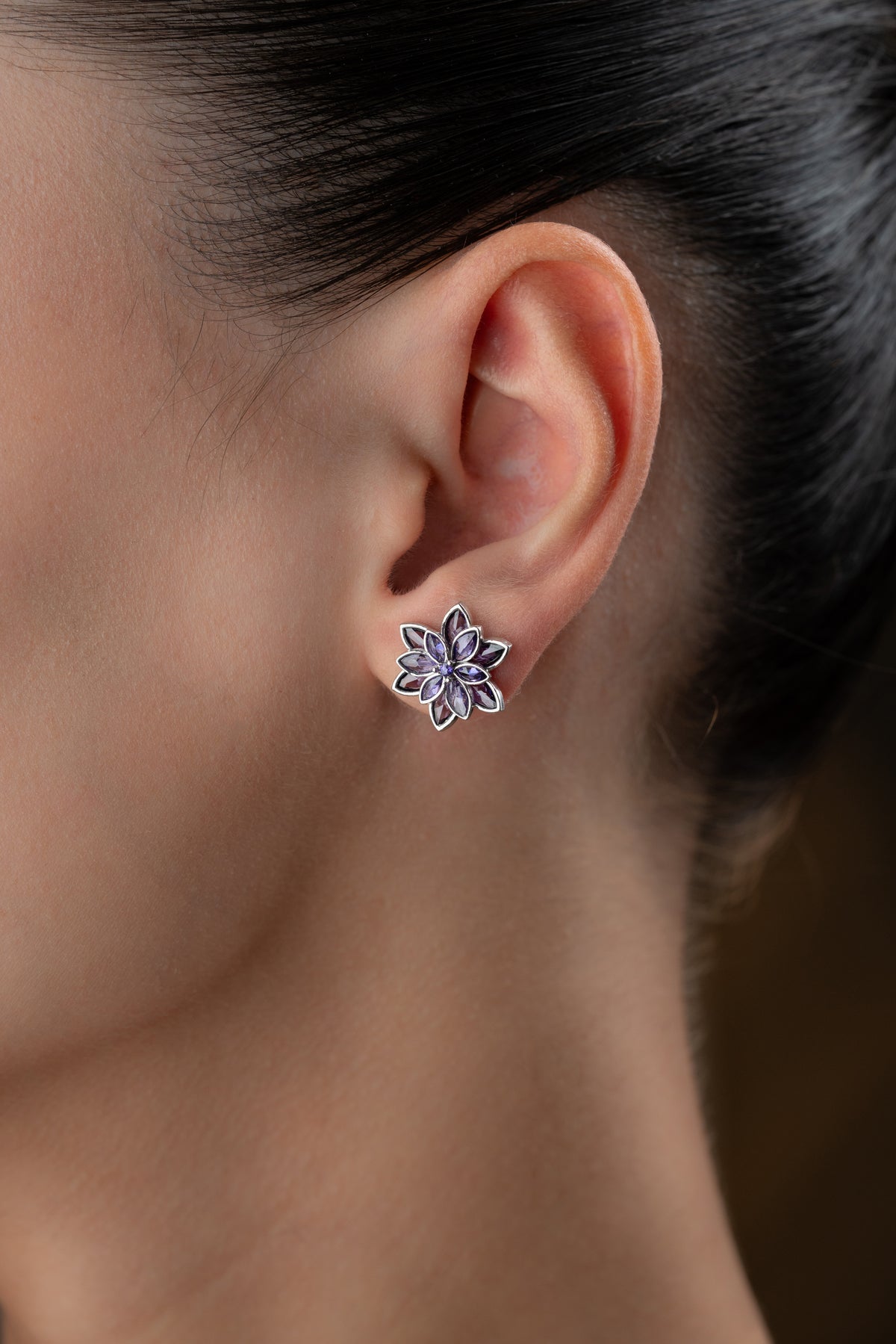 Purple Crystal Flower Stud Earrings