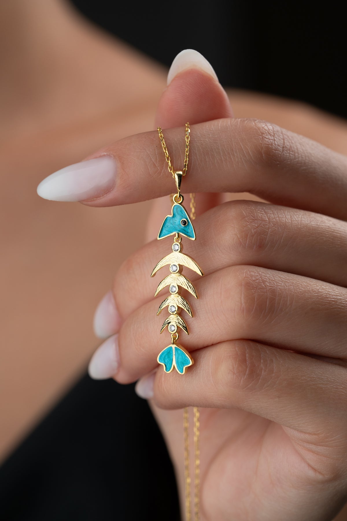 Turquoise Enamel Fish Bone Necklace
