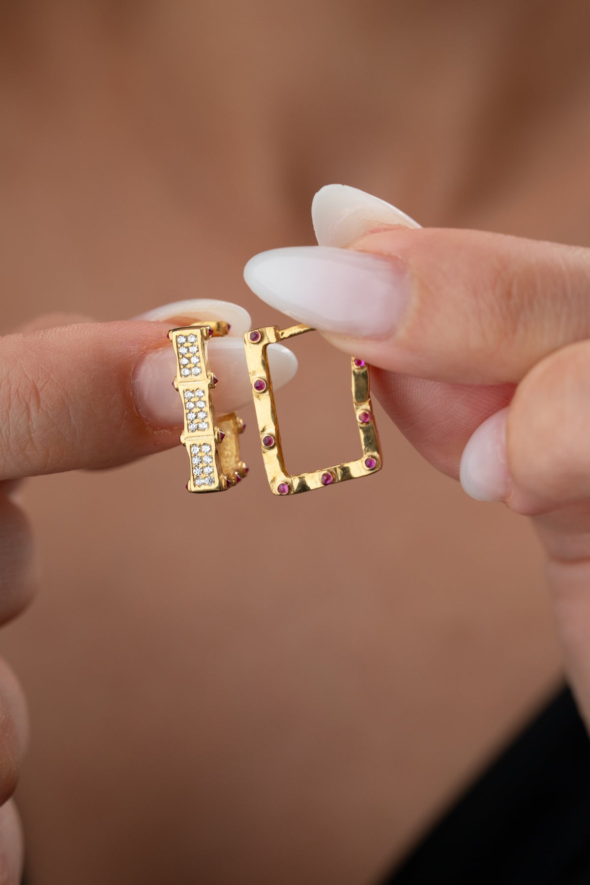 Pave Rectangle Drop Earrings with Ruby Accents