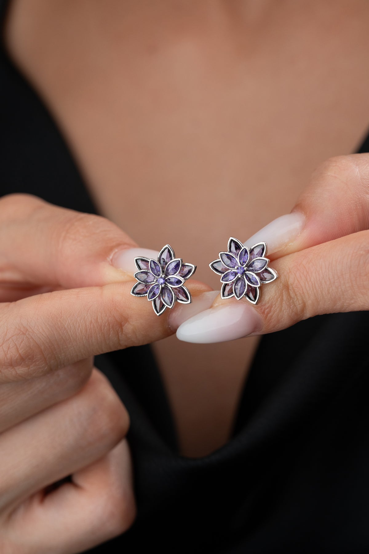 Purple Crystal Flower Stud Earrings