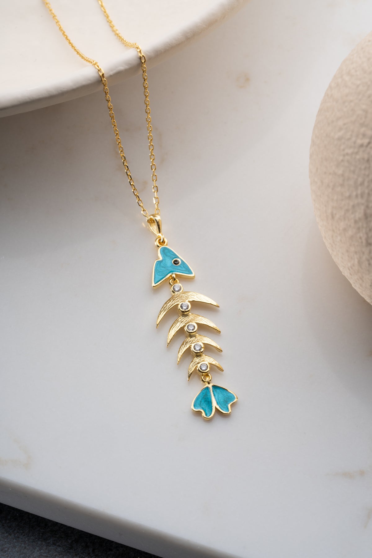 Turquoise Enamel Fish Bone Necklace