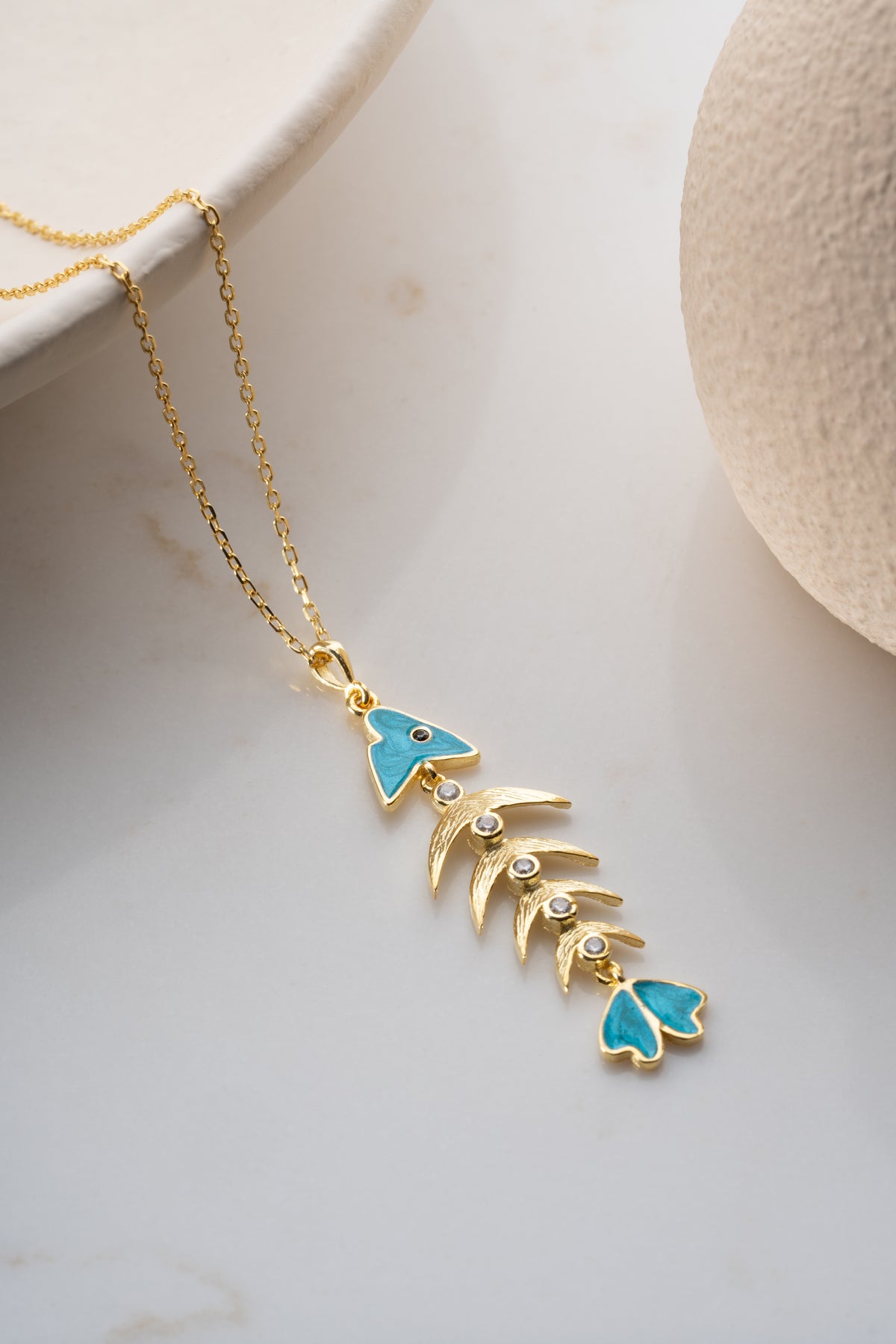 Turquoise Enamel Fish Bone Necklace