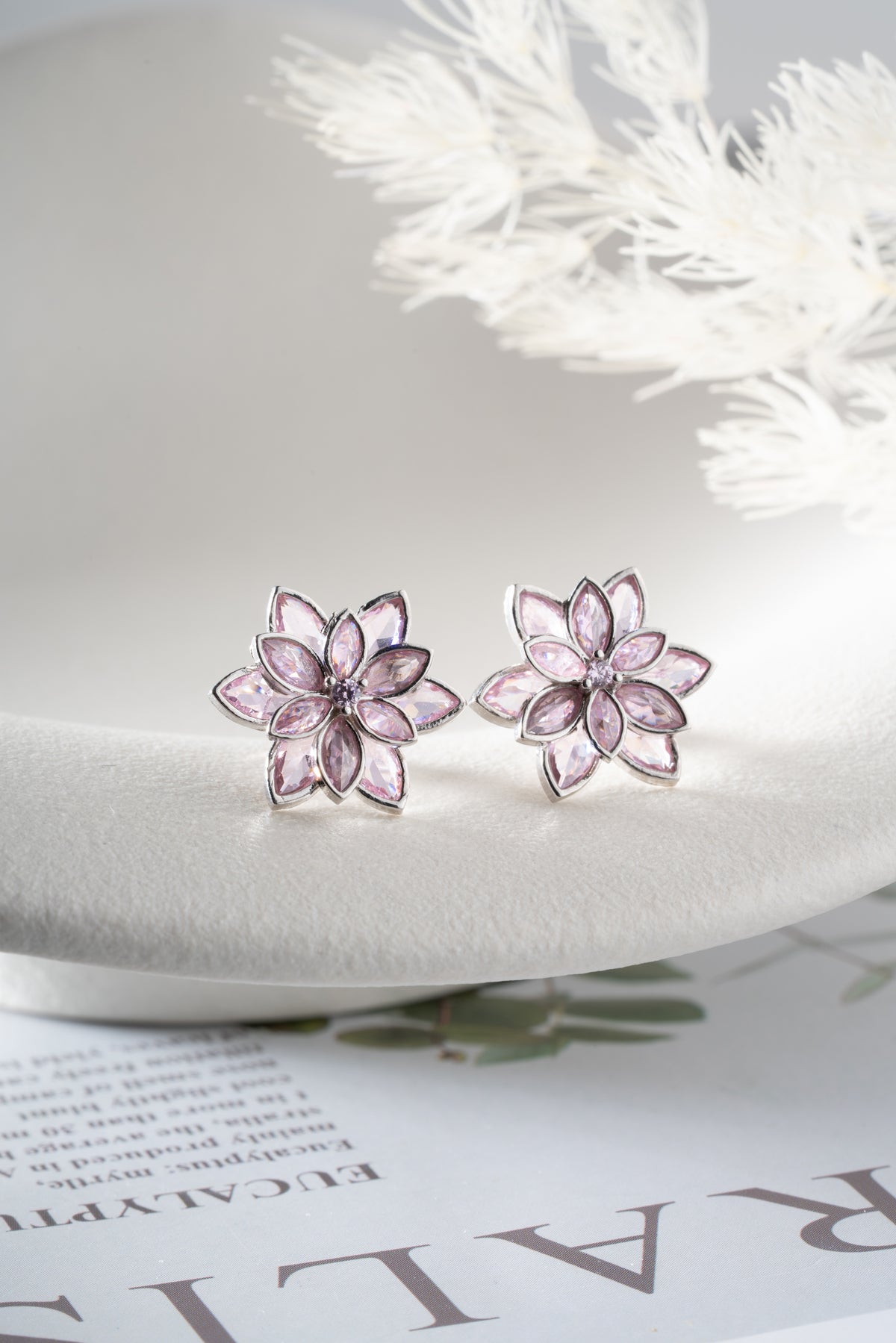 Pink Crystal Flower Stud Earrings