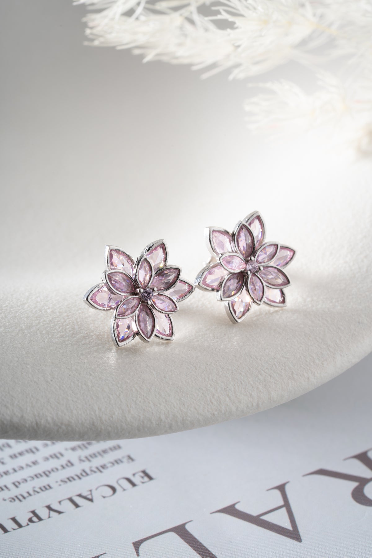 Pink Crystal Flower Stud Earrings