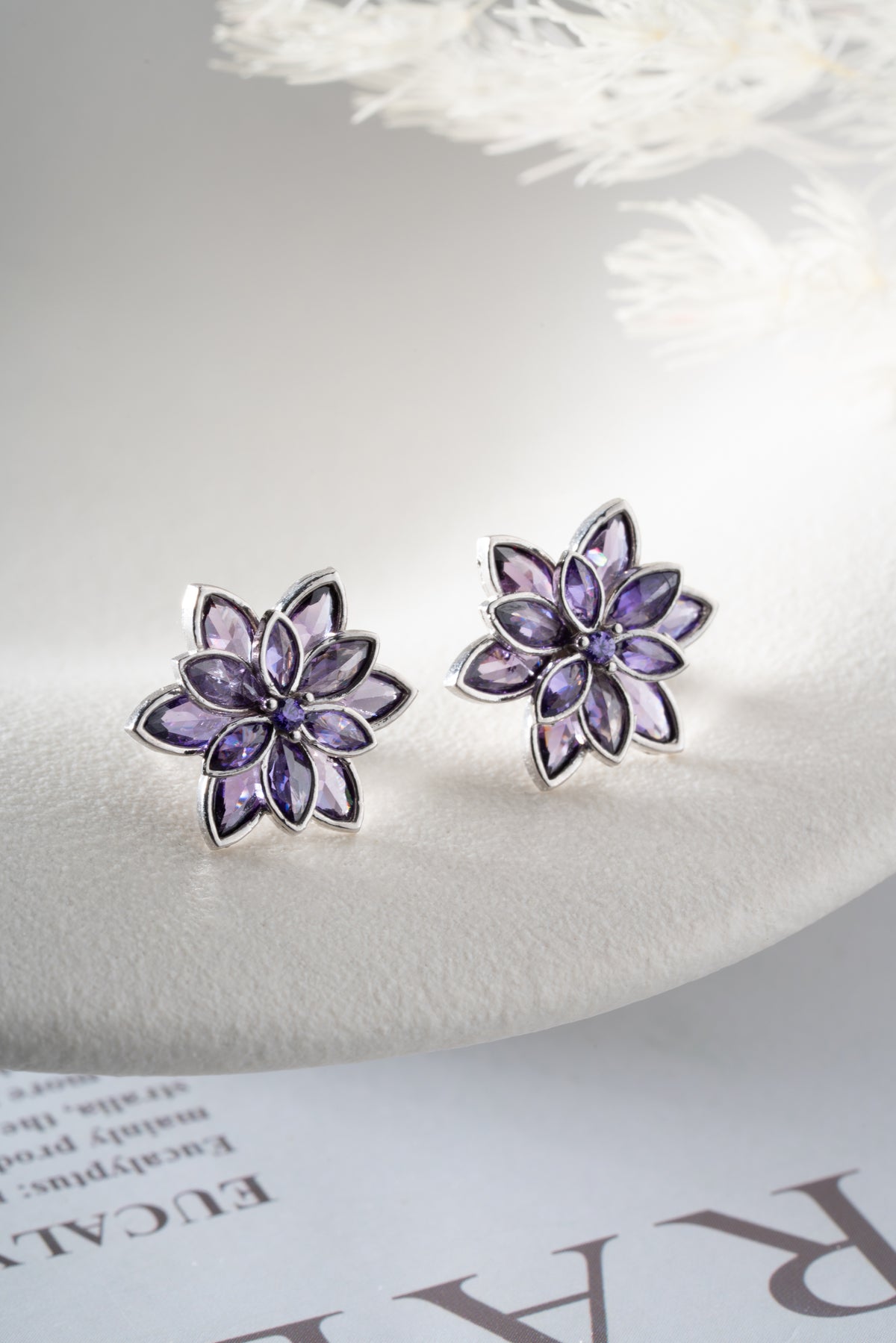 Purple Crystal Flower Stud Earrings