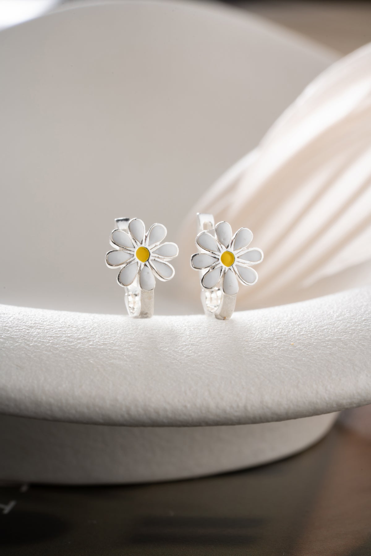 White Daisy Enamel Huggie Earrings