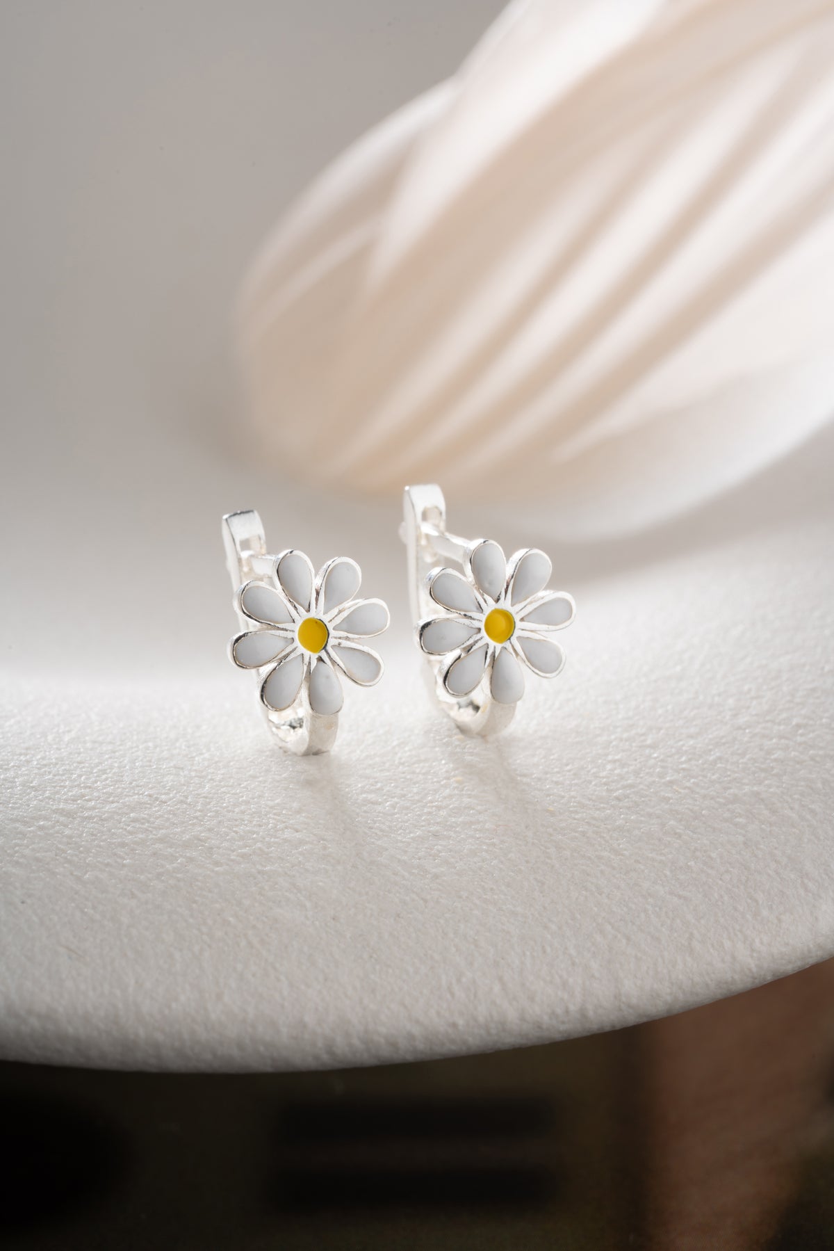White Daisy Enamel Huggie Earrings