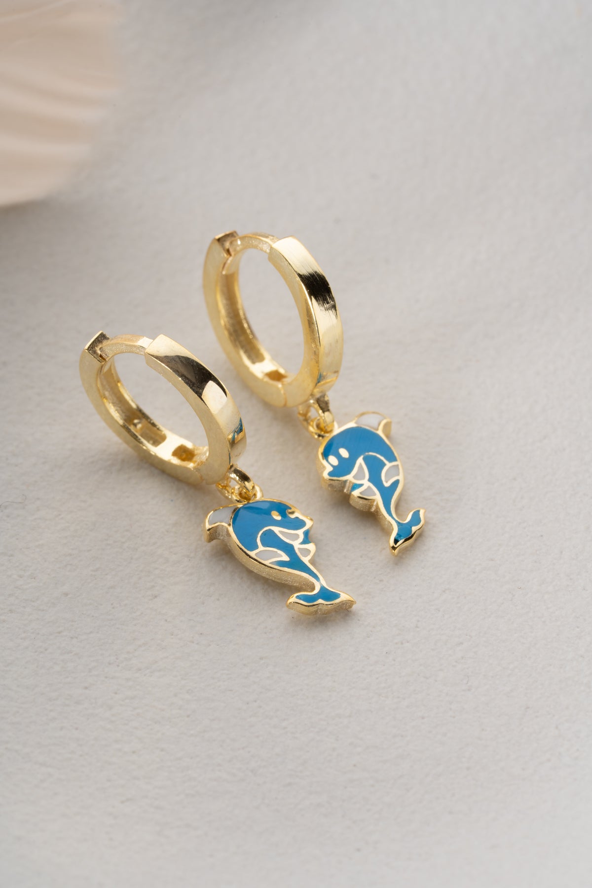 Blue Enamel Dolphin Huggie Hoop Earrings