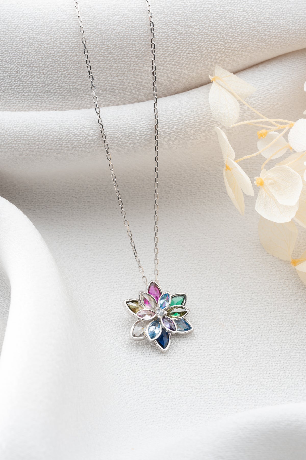 Multicolor Gemstone Flower Pendant Necklace
