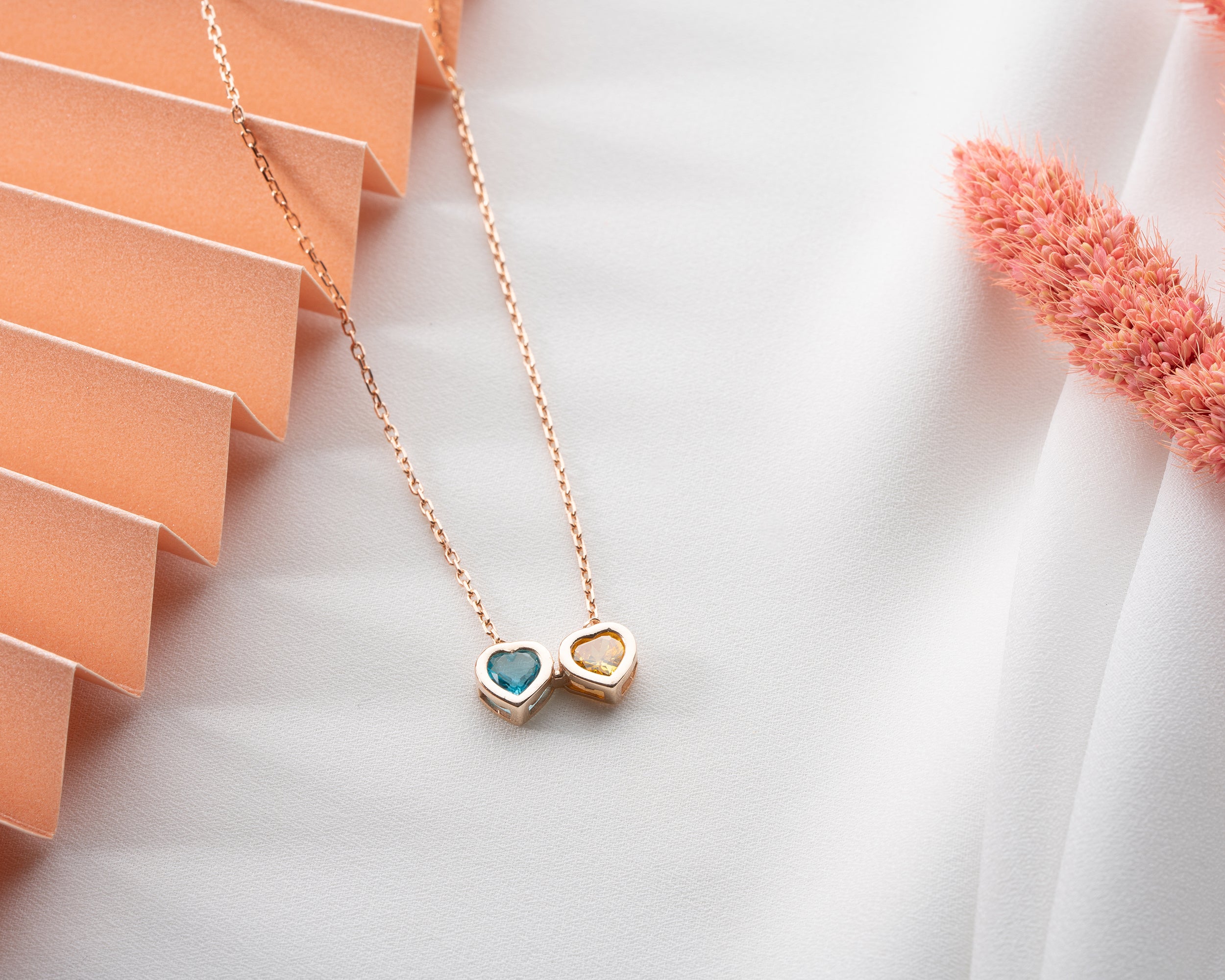 Side by Side Heart Birthstone Necklace