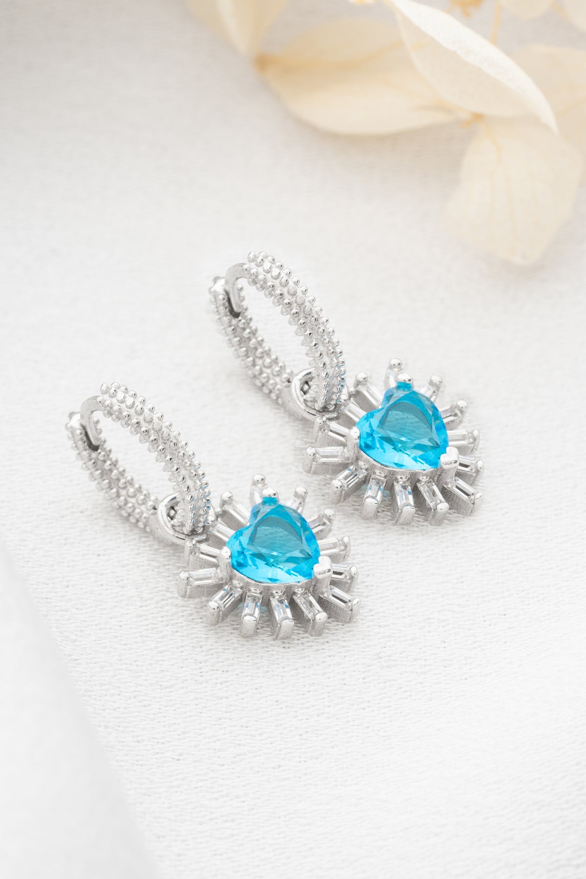 Aquamarine Heart Sunburst Drop Earrings