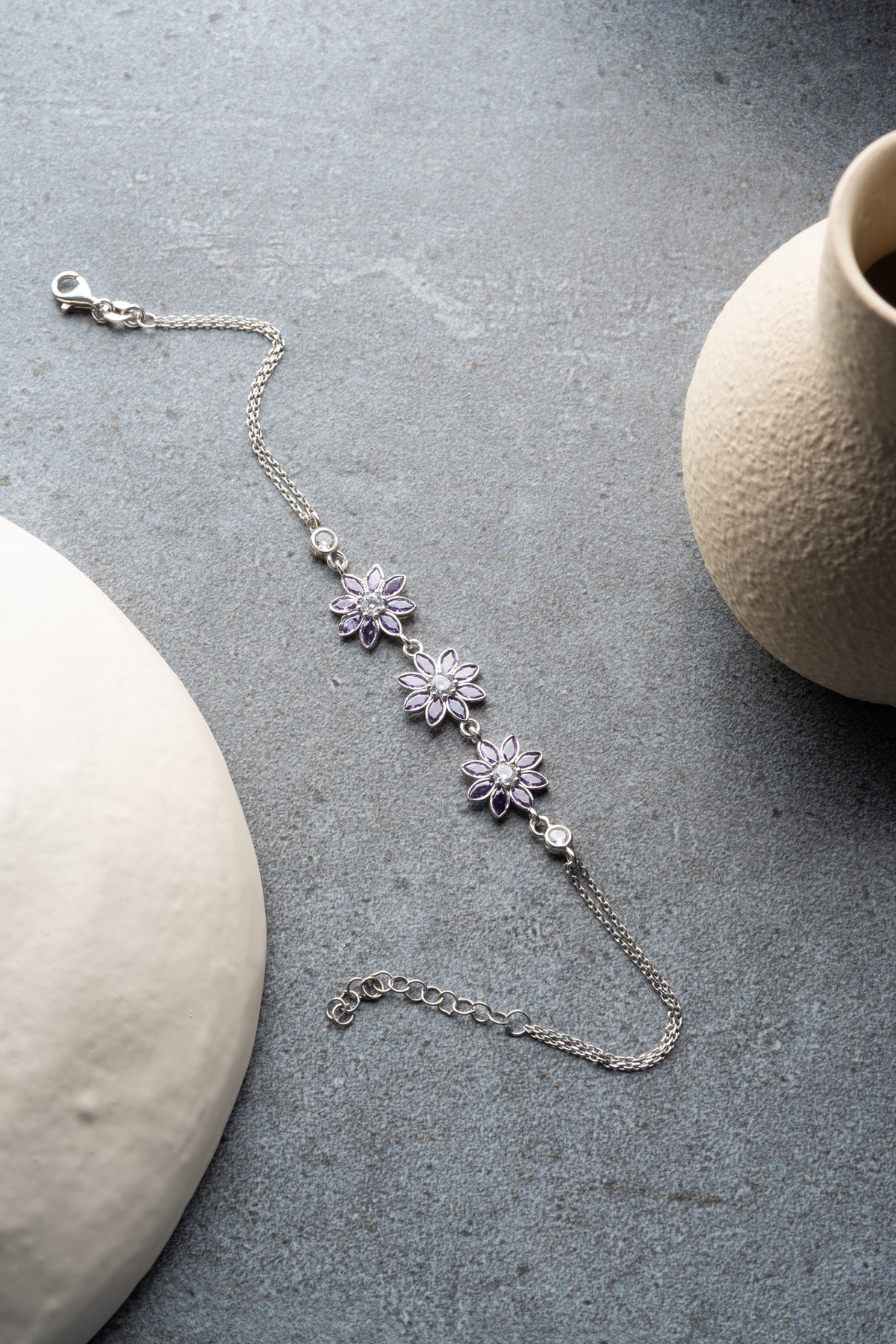 Amethyst Flower Trio Bracelet in Silver
