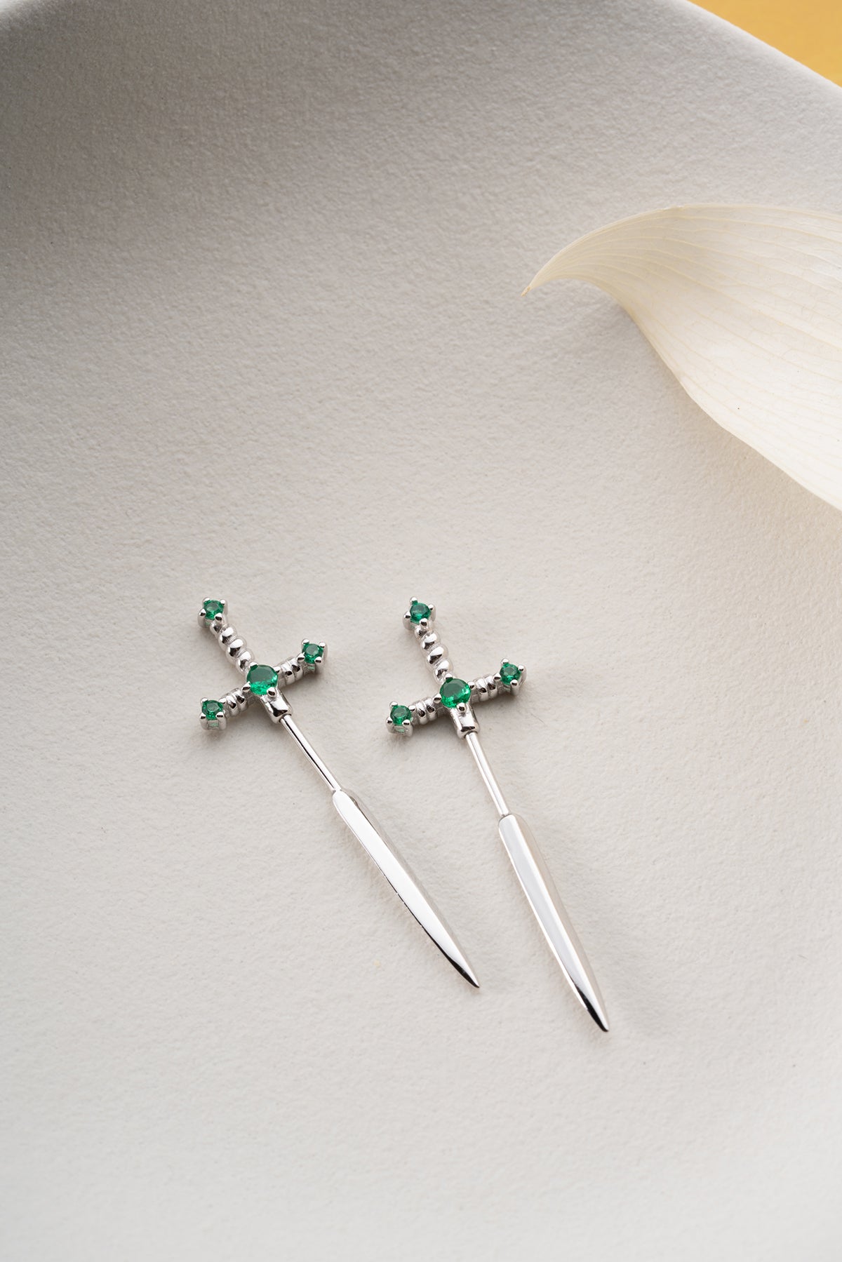 Emerald Green Sword Stud Earrings in Gold