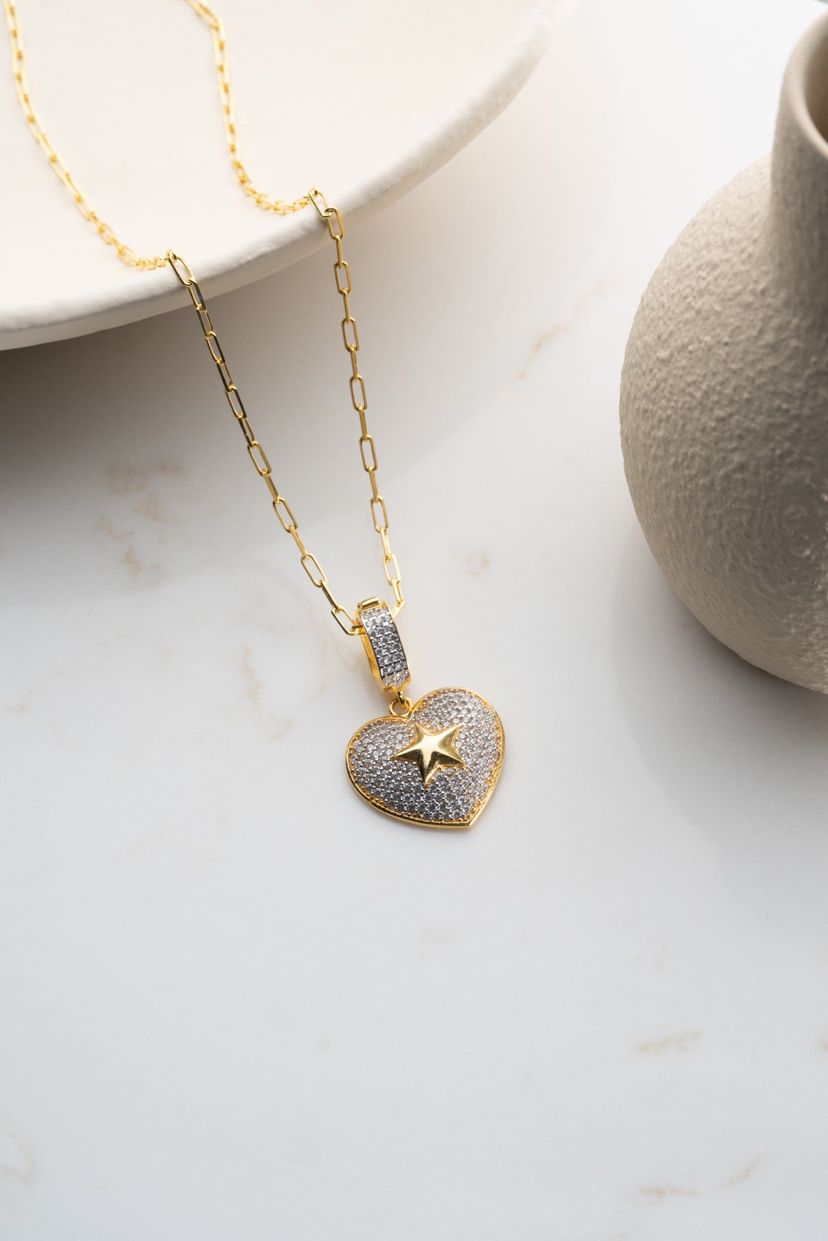 Pave Heart and Star Pendant Necklace