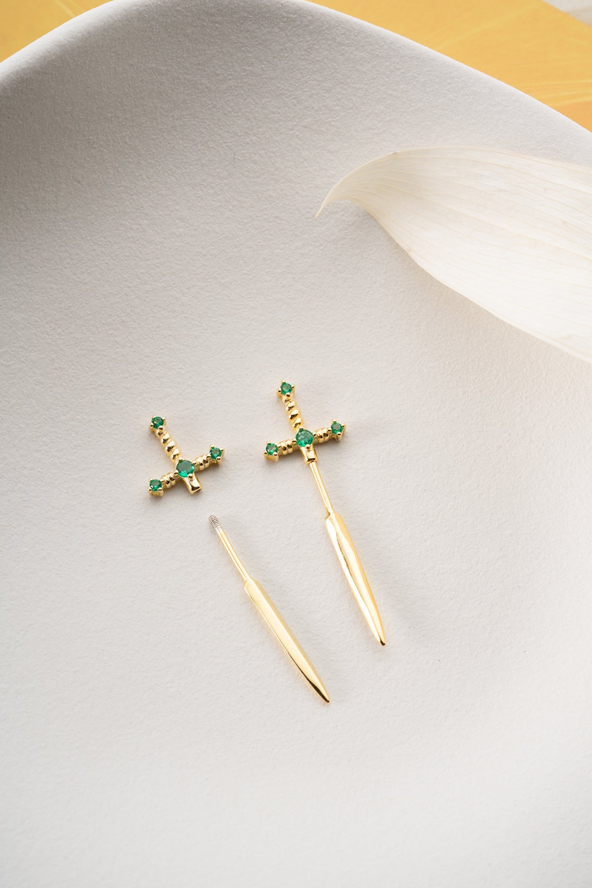 Emerald Green Sword Stud Earrings in Gold