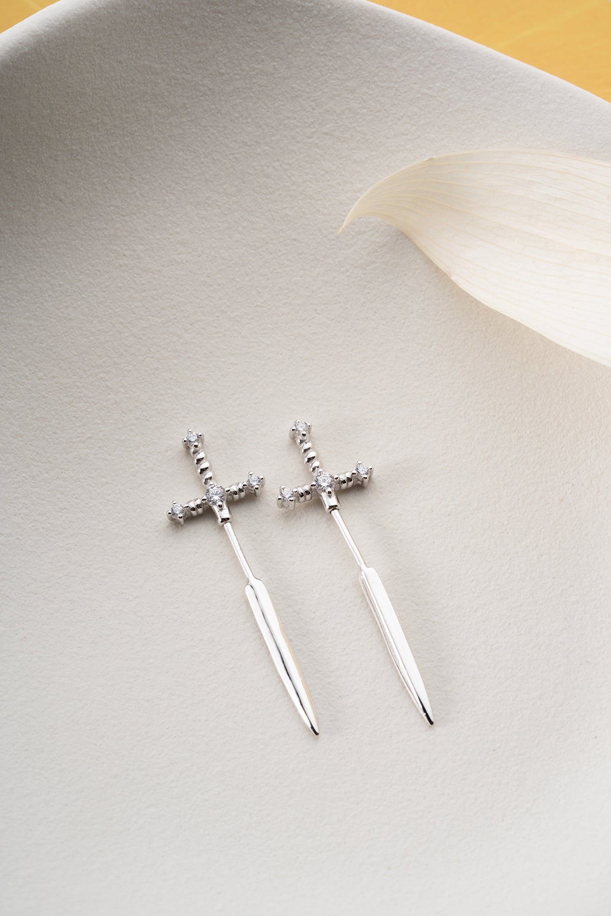 Crystal Sword Stud Earrings in Silver