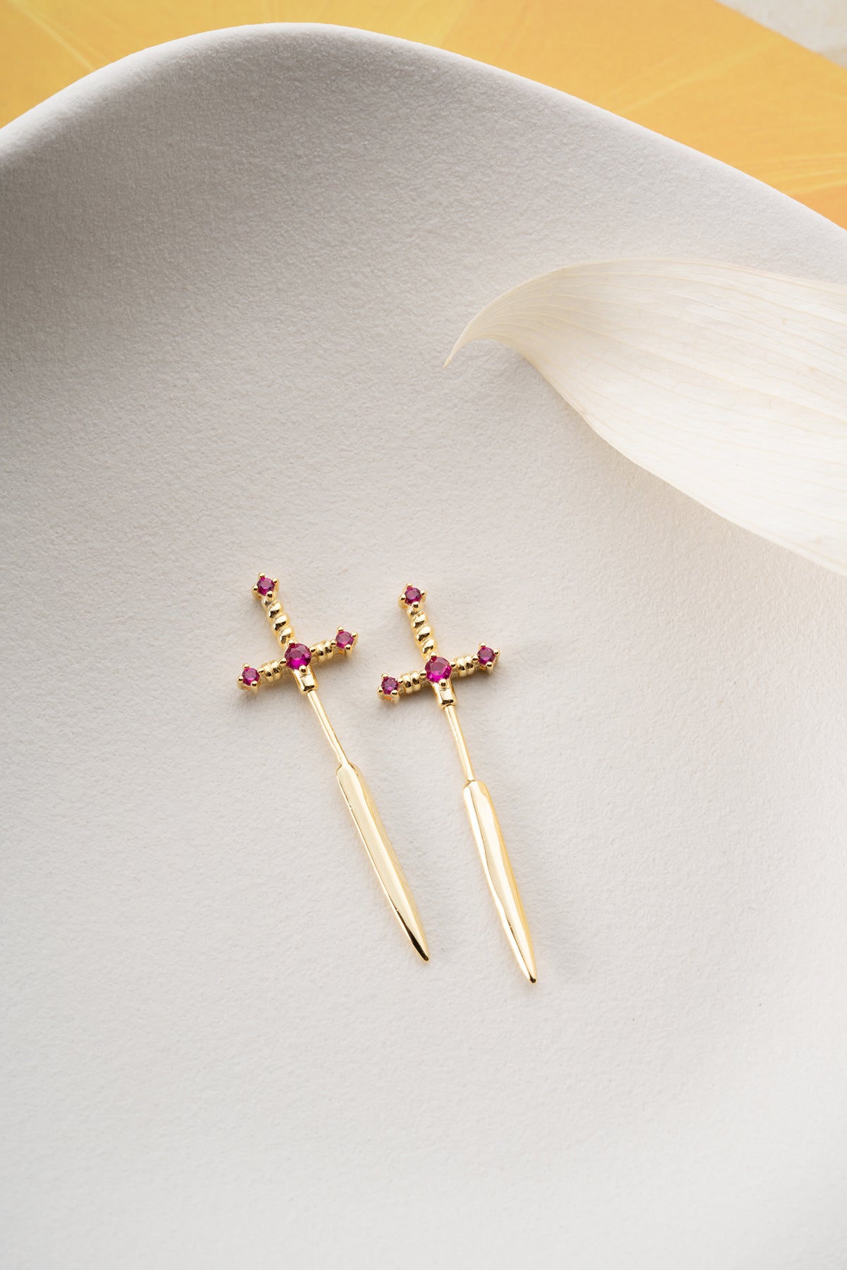 Sword Cross Drop Stud Earrings Gold