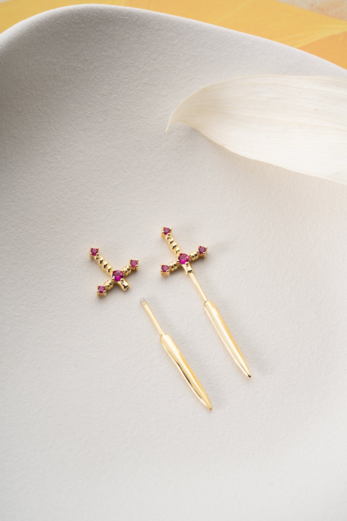 Sword Cross Drop Stud Earrings Gold