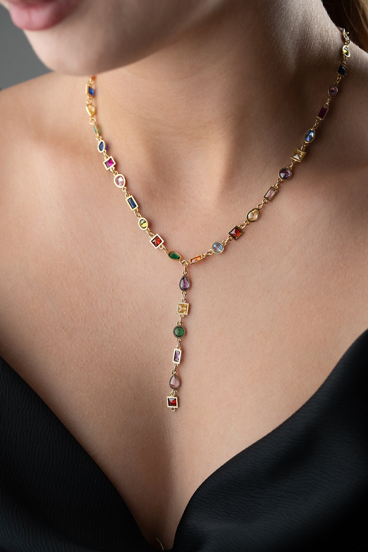 Mixed Gemstone Y Lariat Necklace