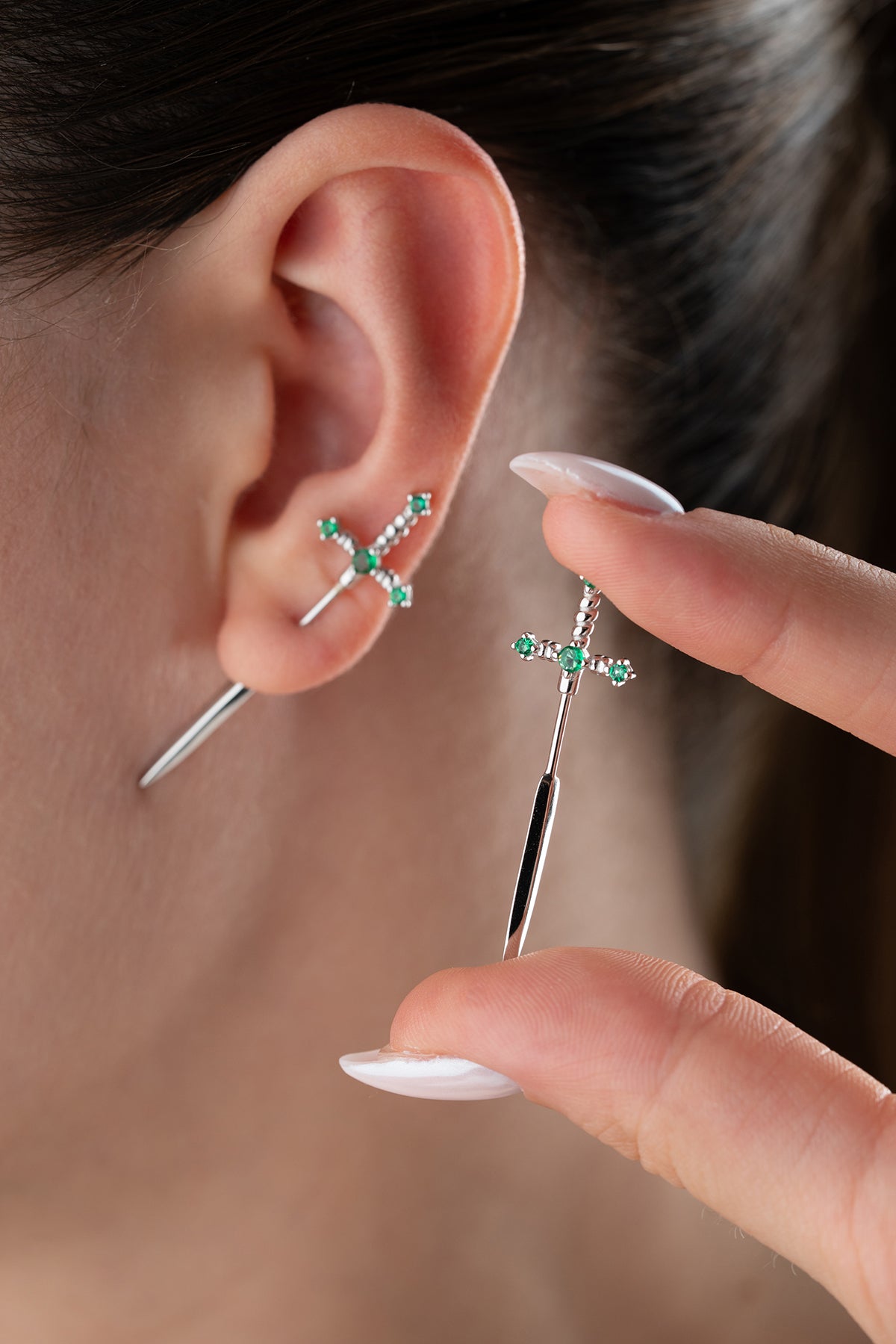 Emerald Green Sword Stud Earrings in Gold
