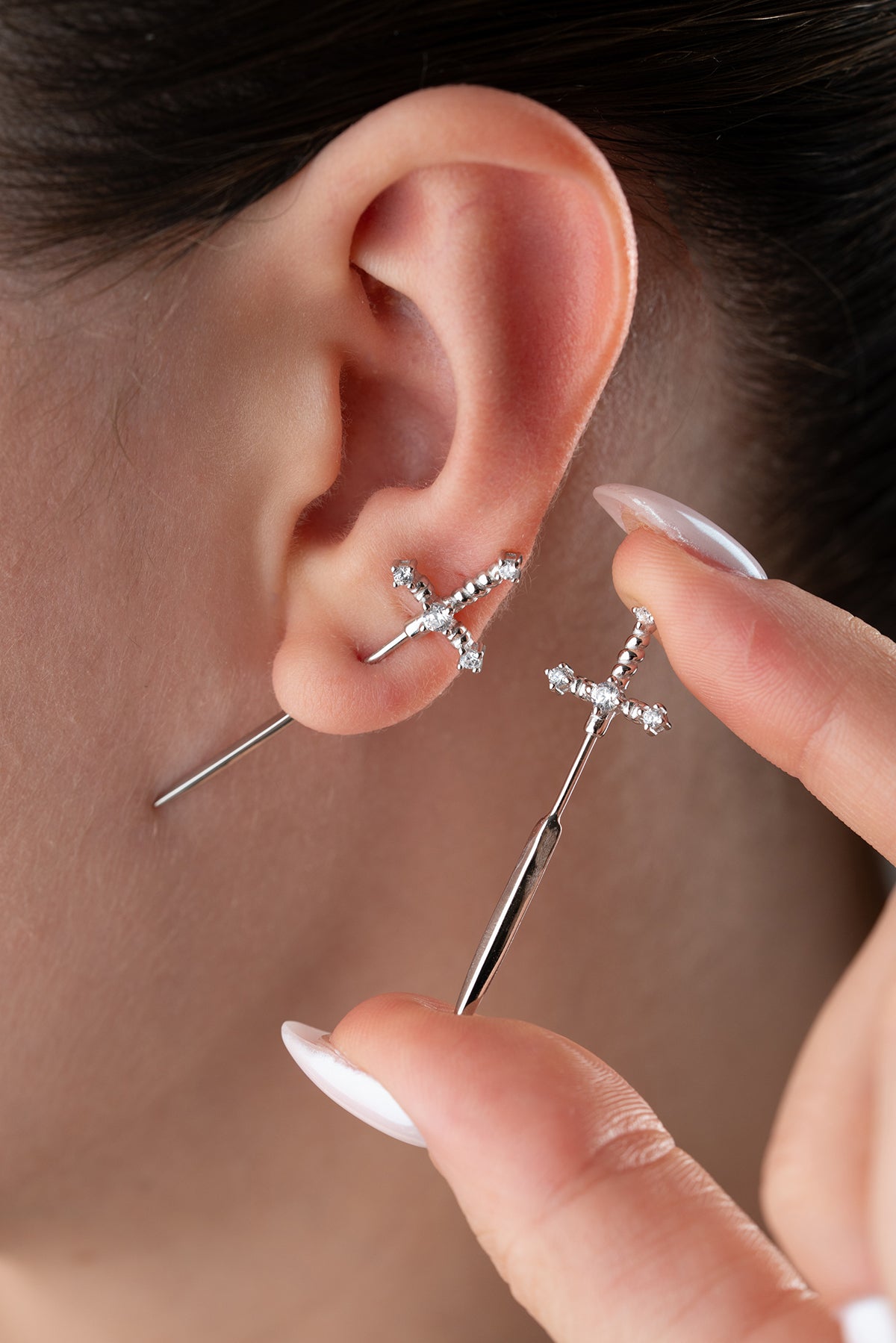 Crystal Sword Stud Earrings in Silver