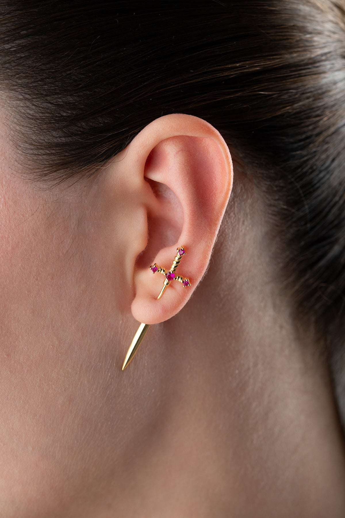 Sword Cross Drop Stud Earrings Gold