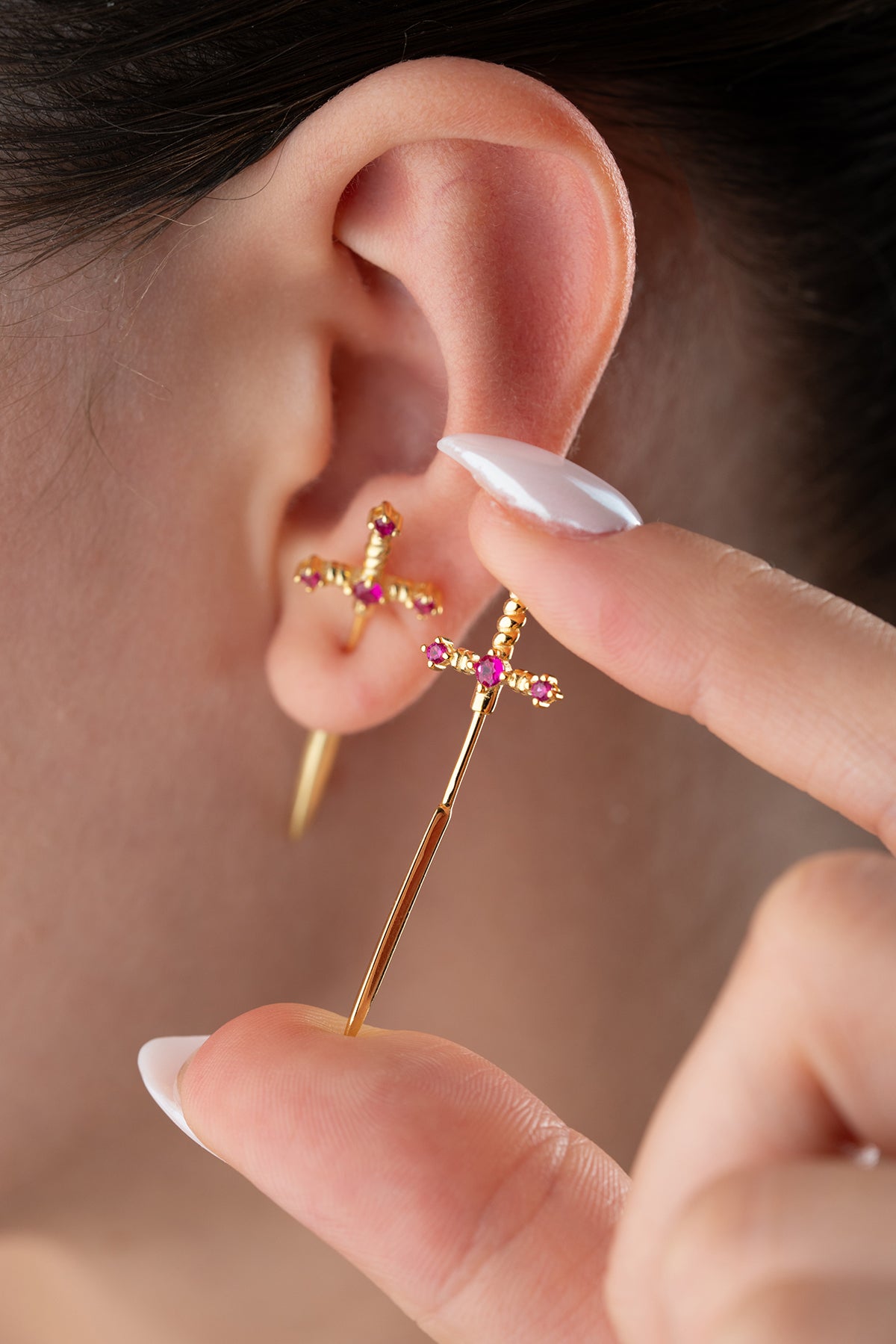 Sword Cross Drop Stud Earrings Gold