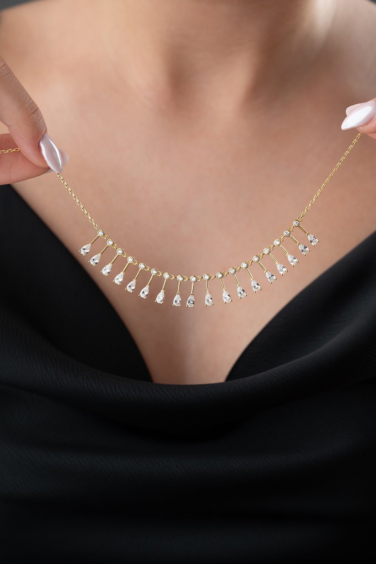 Pear Cut Crystal Fringe Necklace