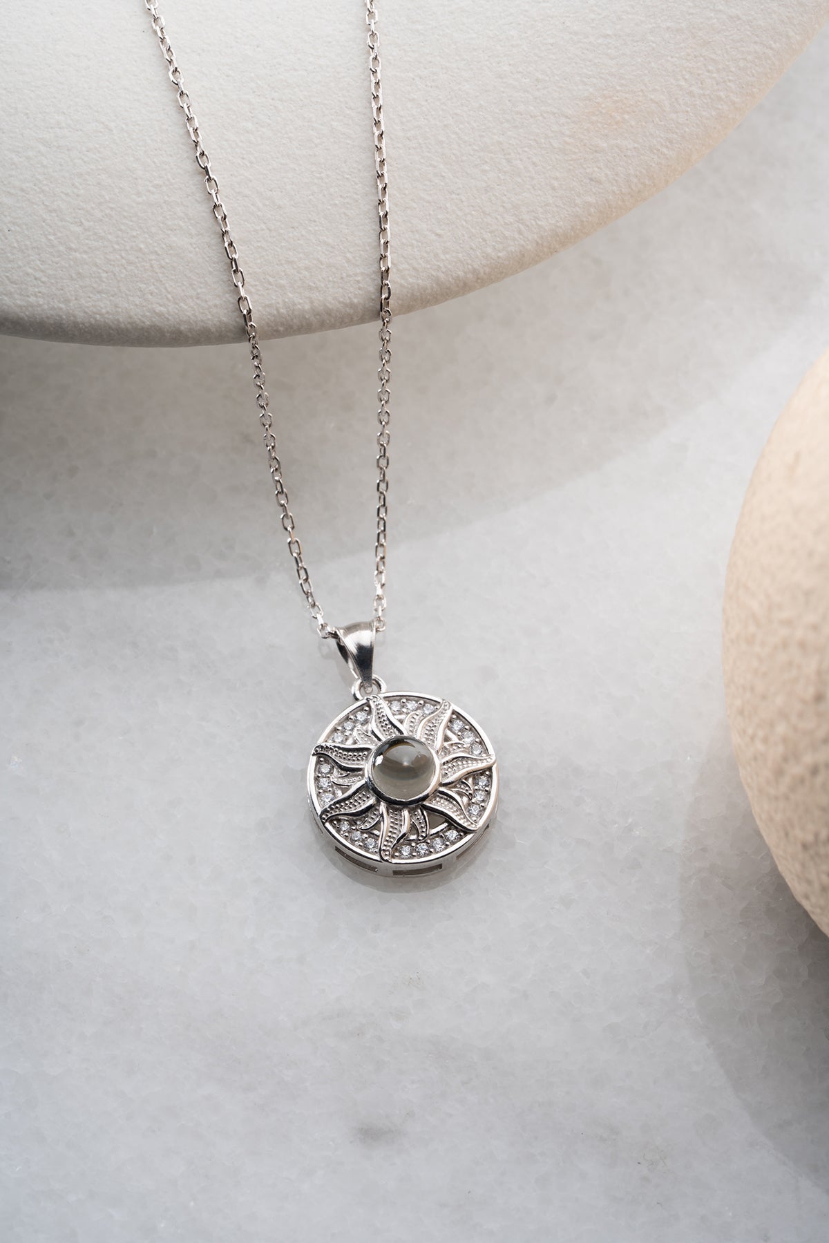 Sun Medallion Necklace with Black Stone