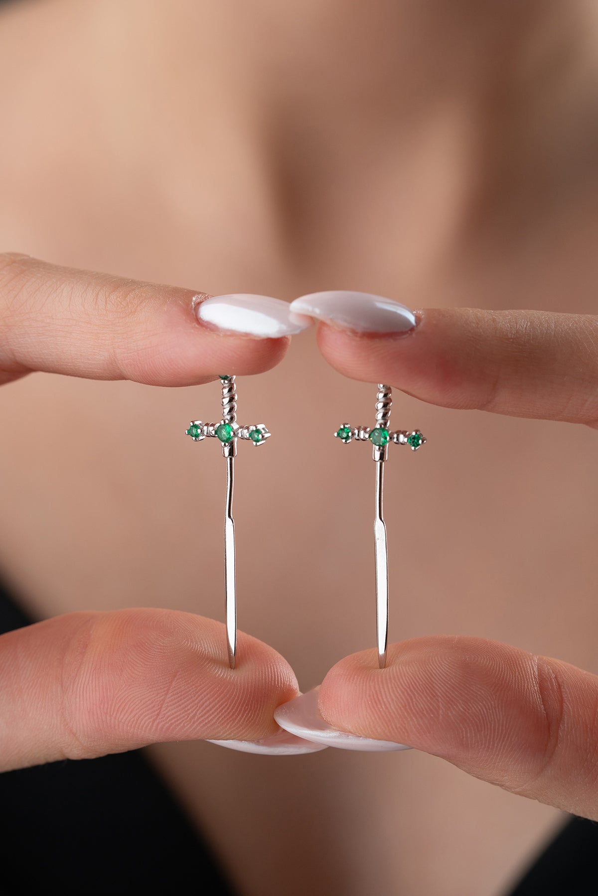 Emerald Green Sword Stud Earrings in Gold