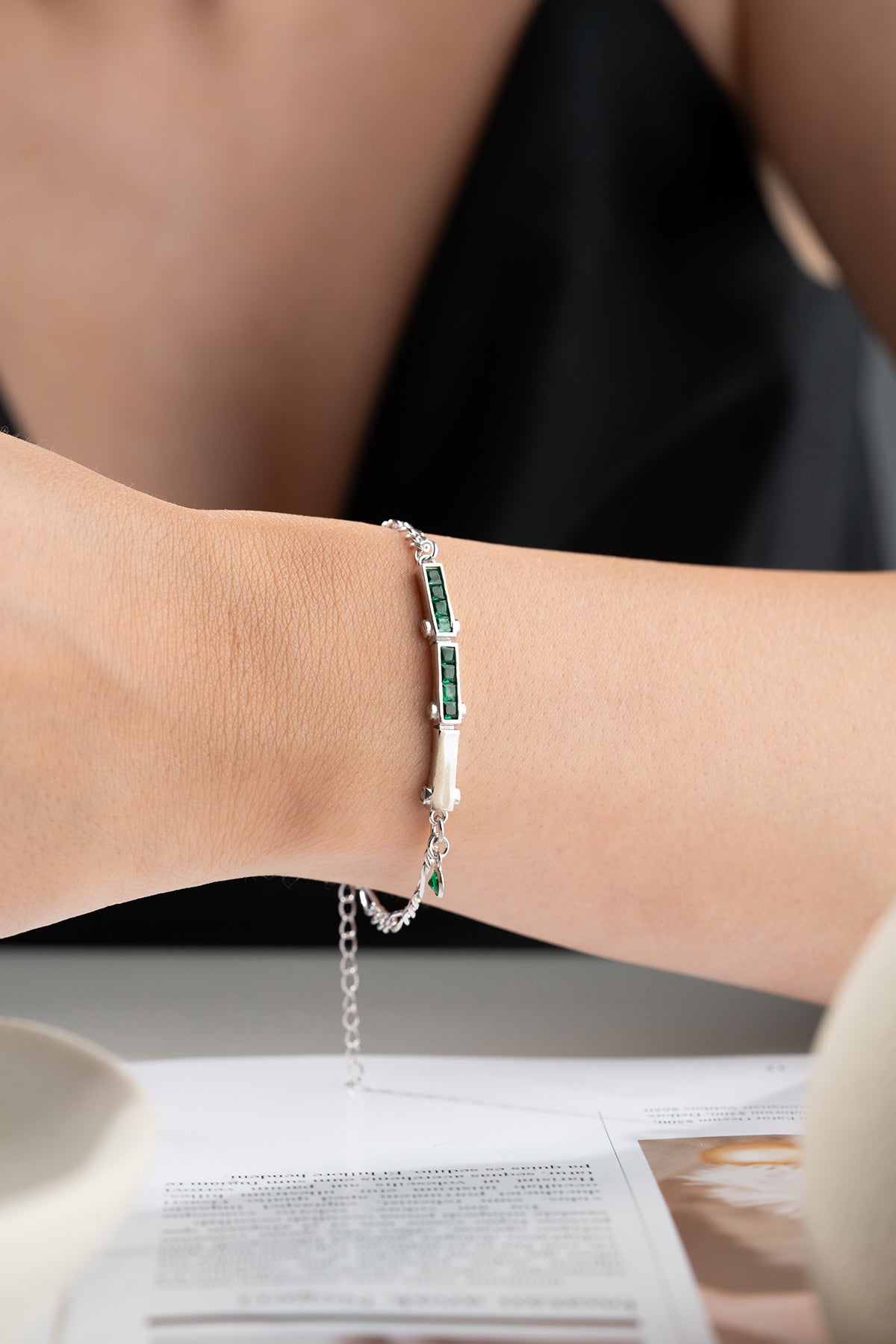 Green Stone Bar Bracelet in Silver