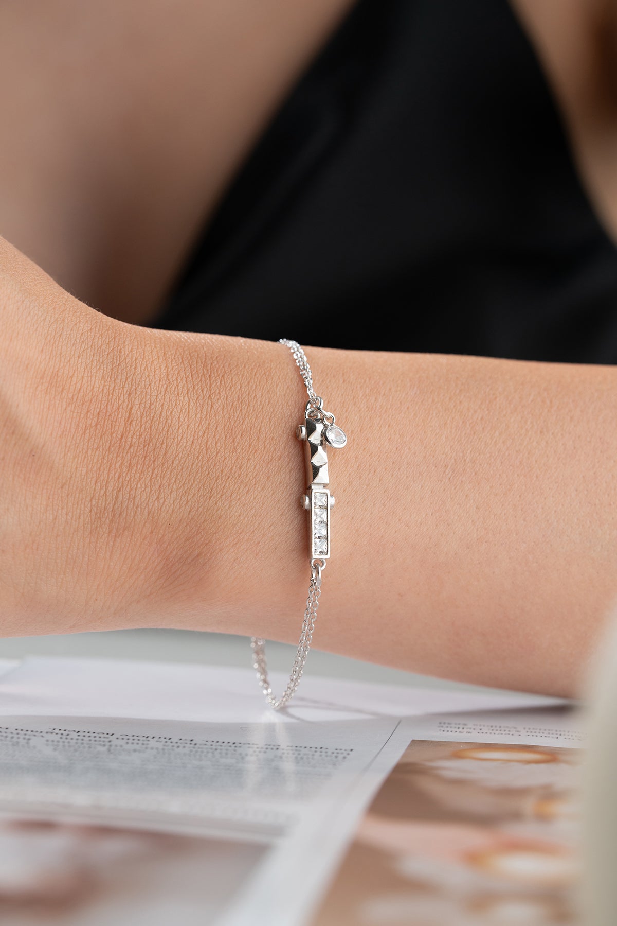 Crystal Bar Charm Bracelet in Silver
