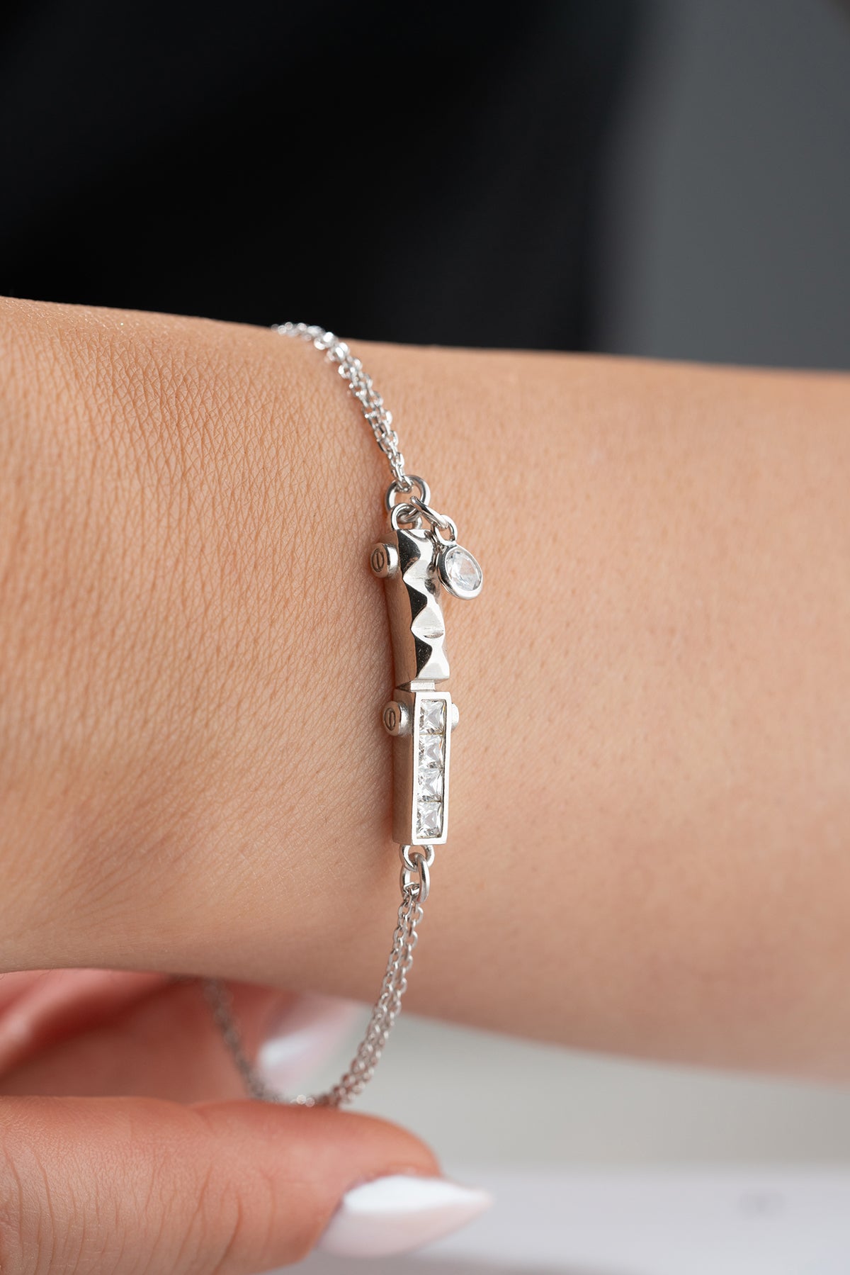 Crystal Bar Charm Bracelet in Silver