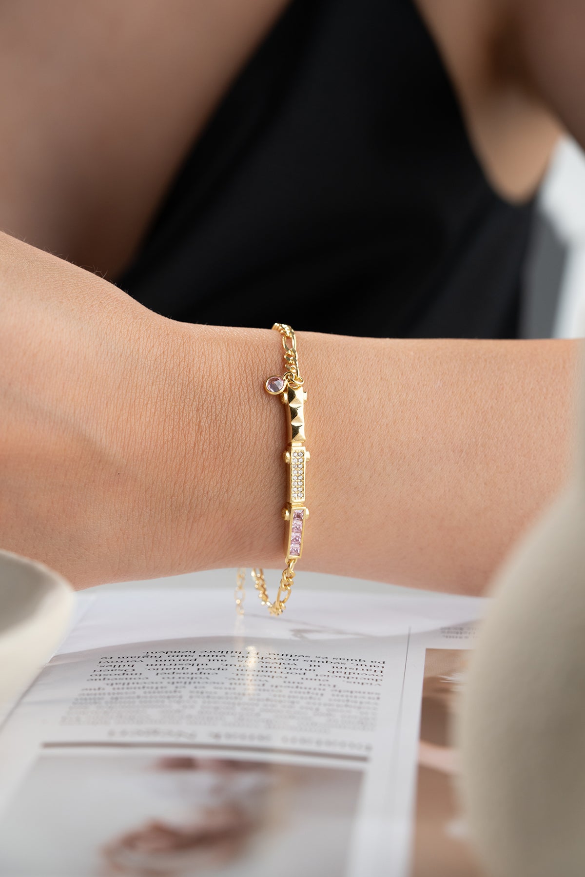 Pink Crystal Baguette Bar Bracelet in Gold