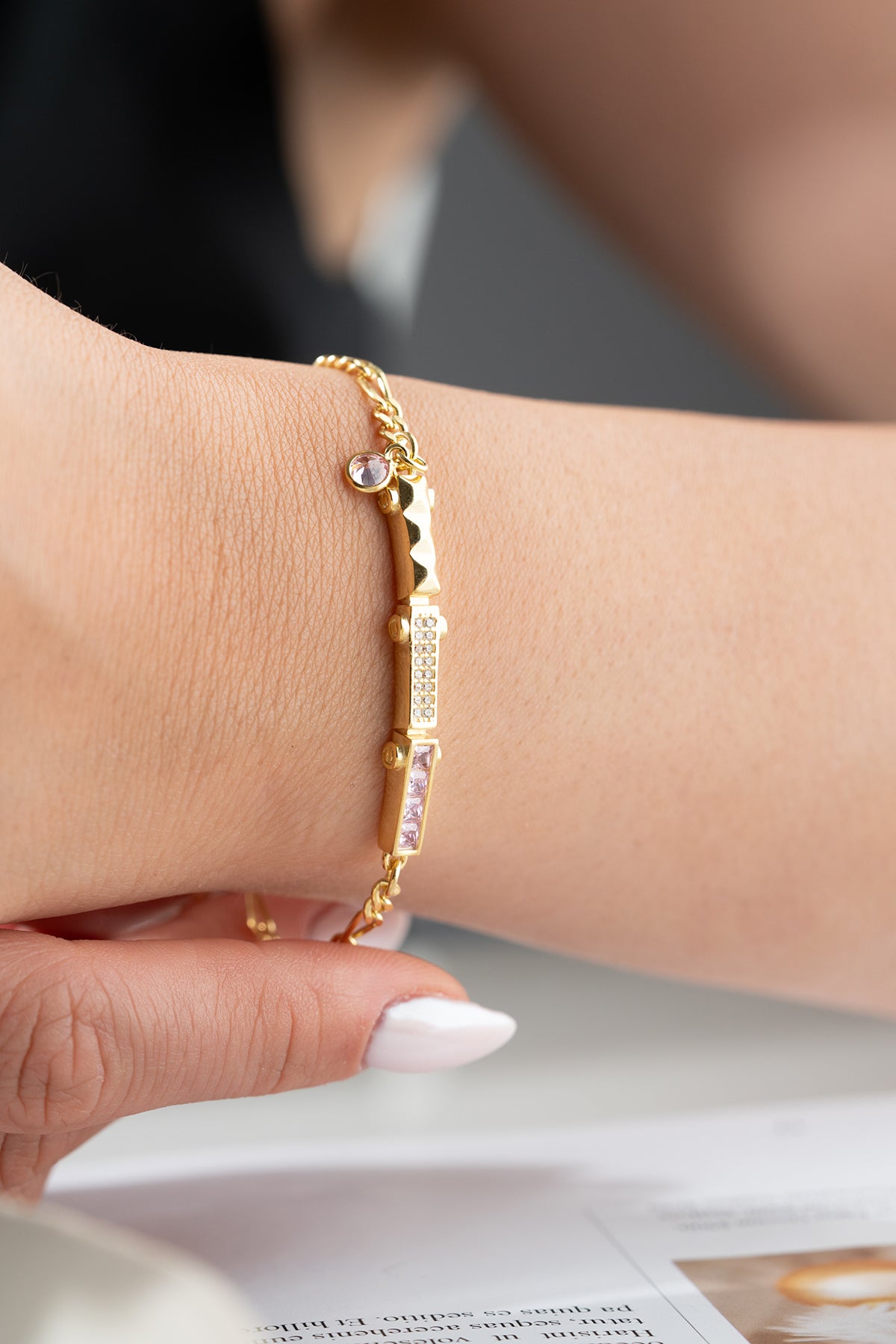 Pink Crystal Baguette Bar Bracelet in Gold