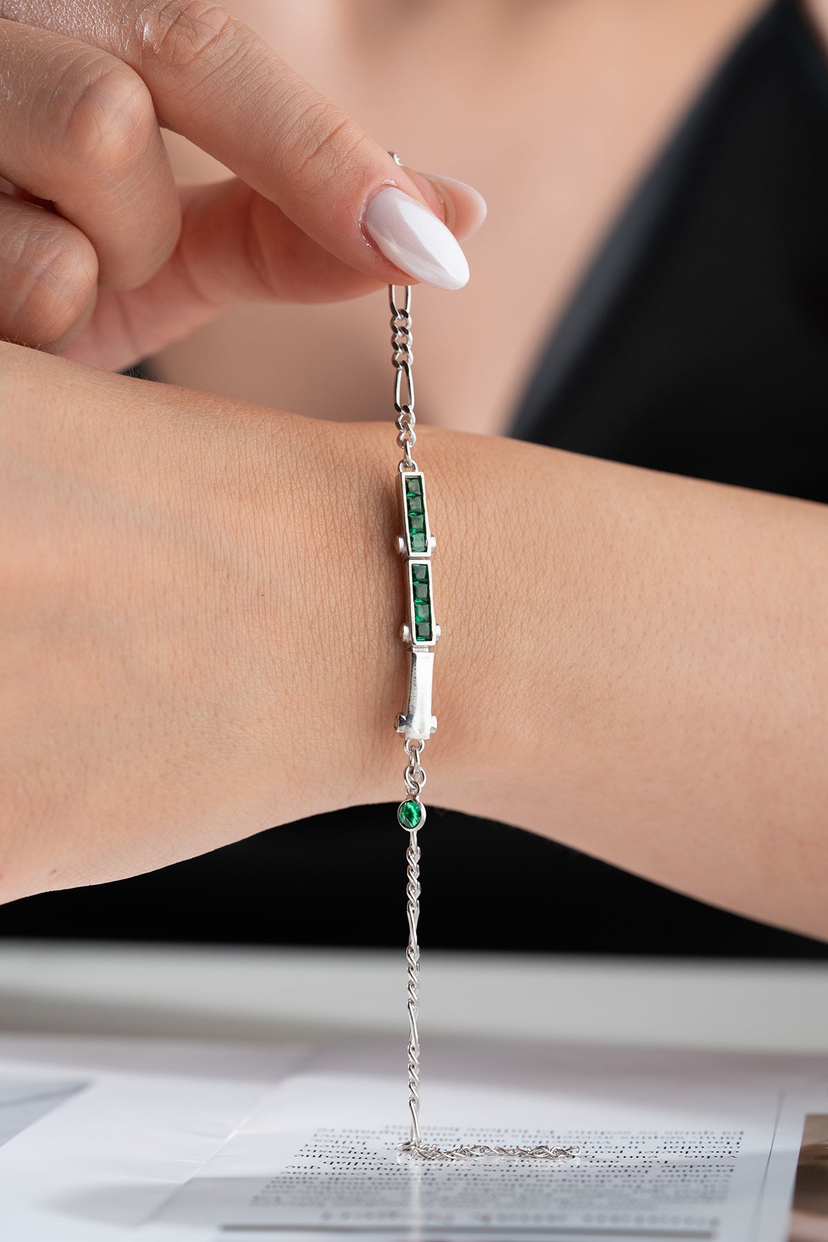 Green Stone Bar Bracelet in Silver