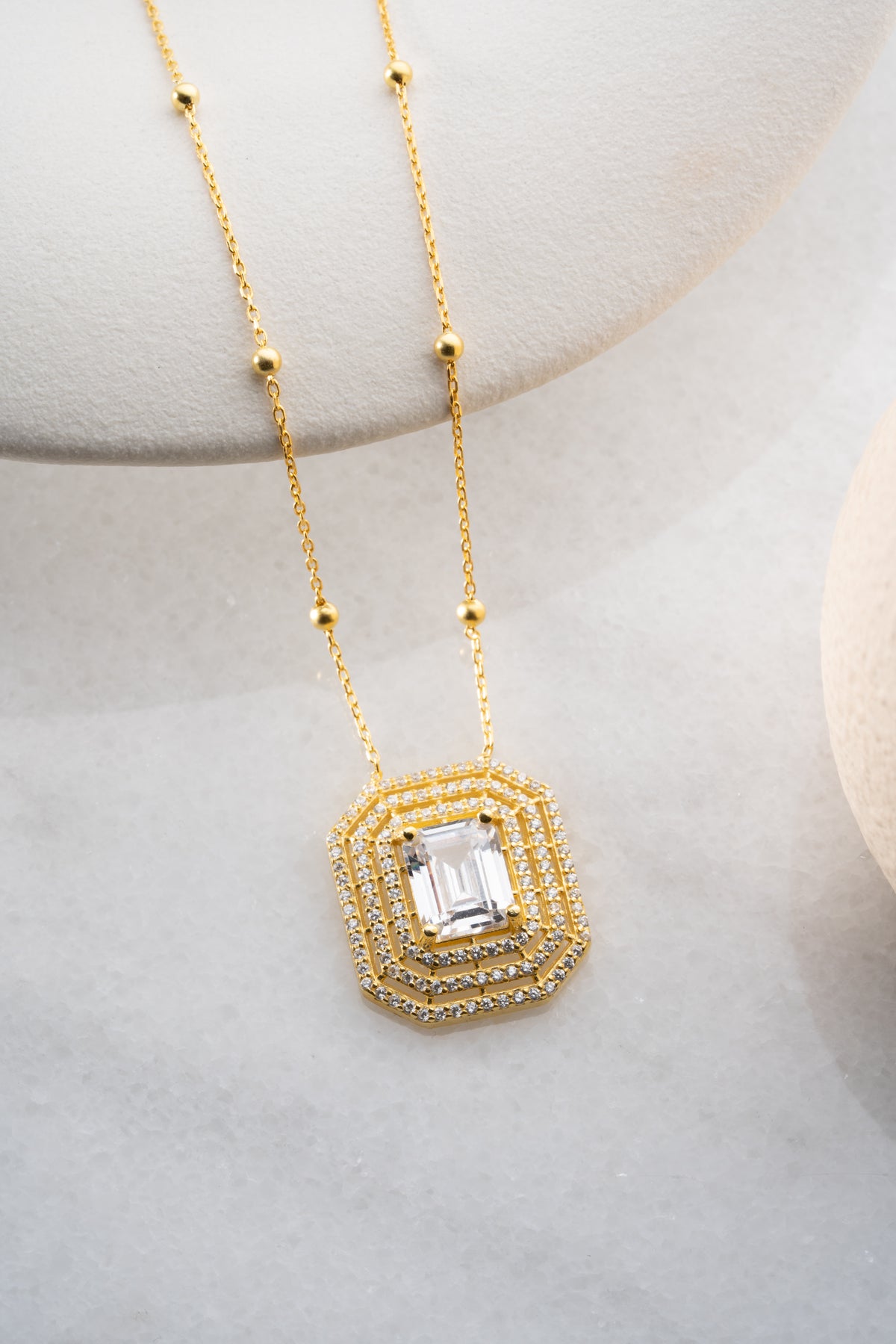 Emerald Cut Halo Pendant Necklace