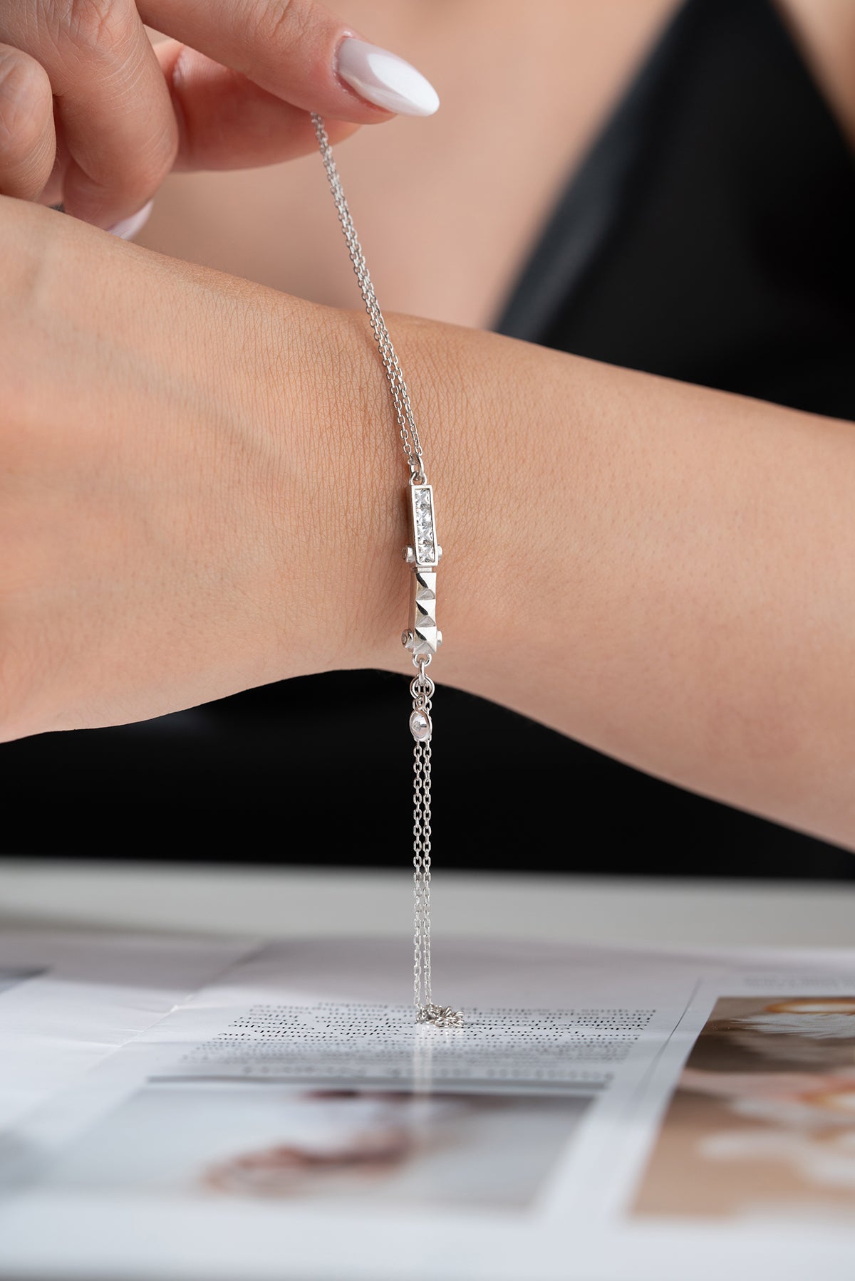 Crystal Bar Charm Bracelet in Silver
