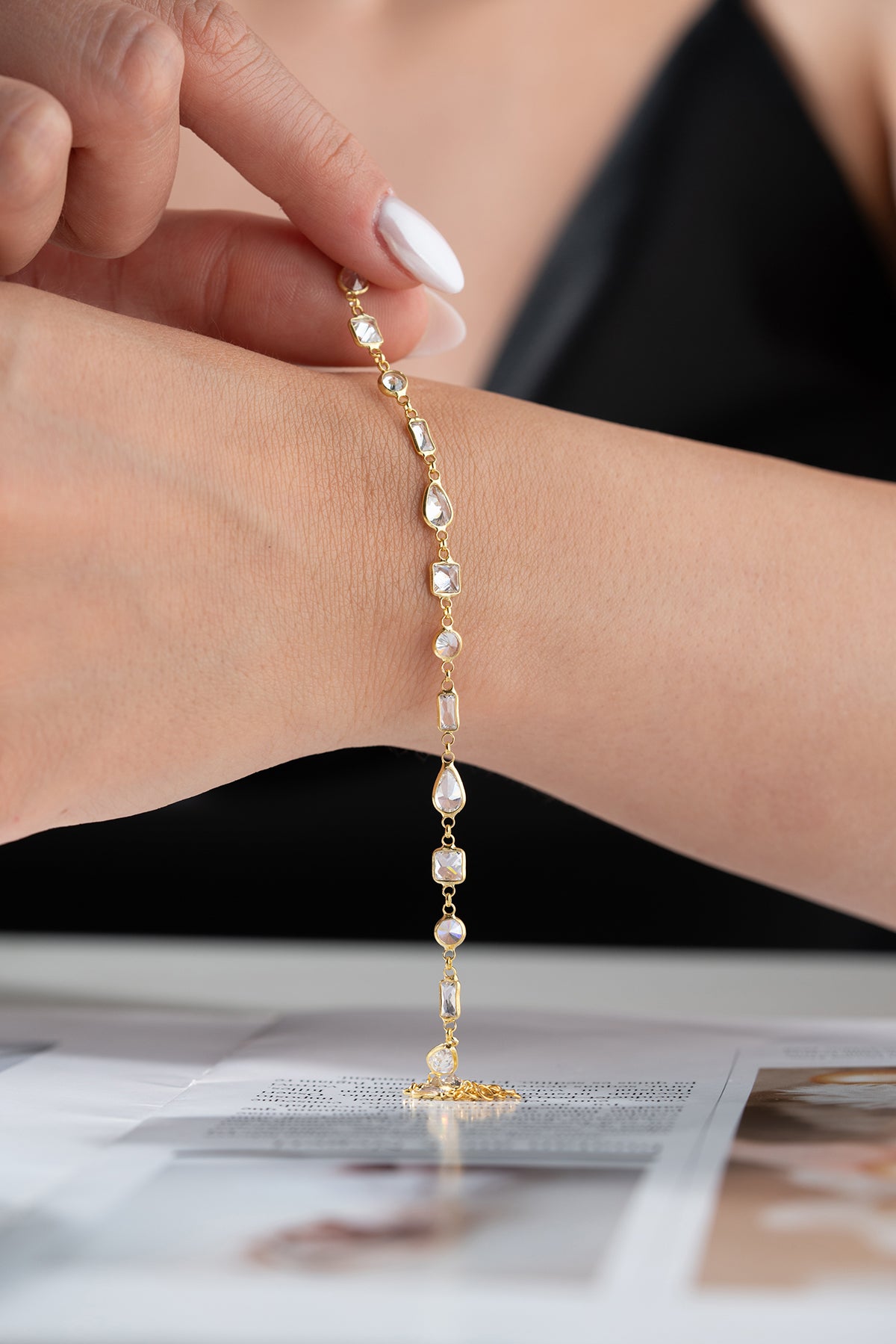 Mixed Cut Crystal Station Bracelet in Gold