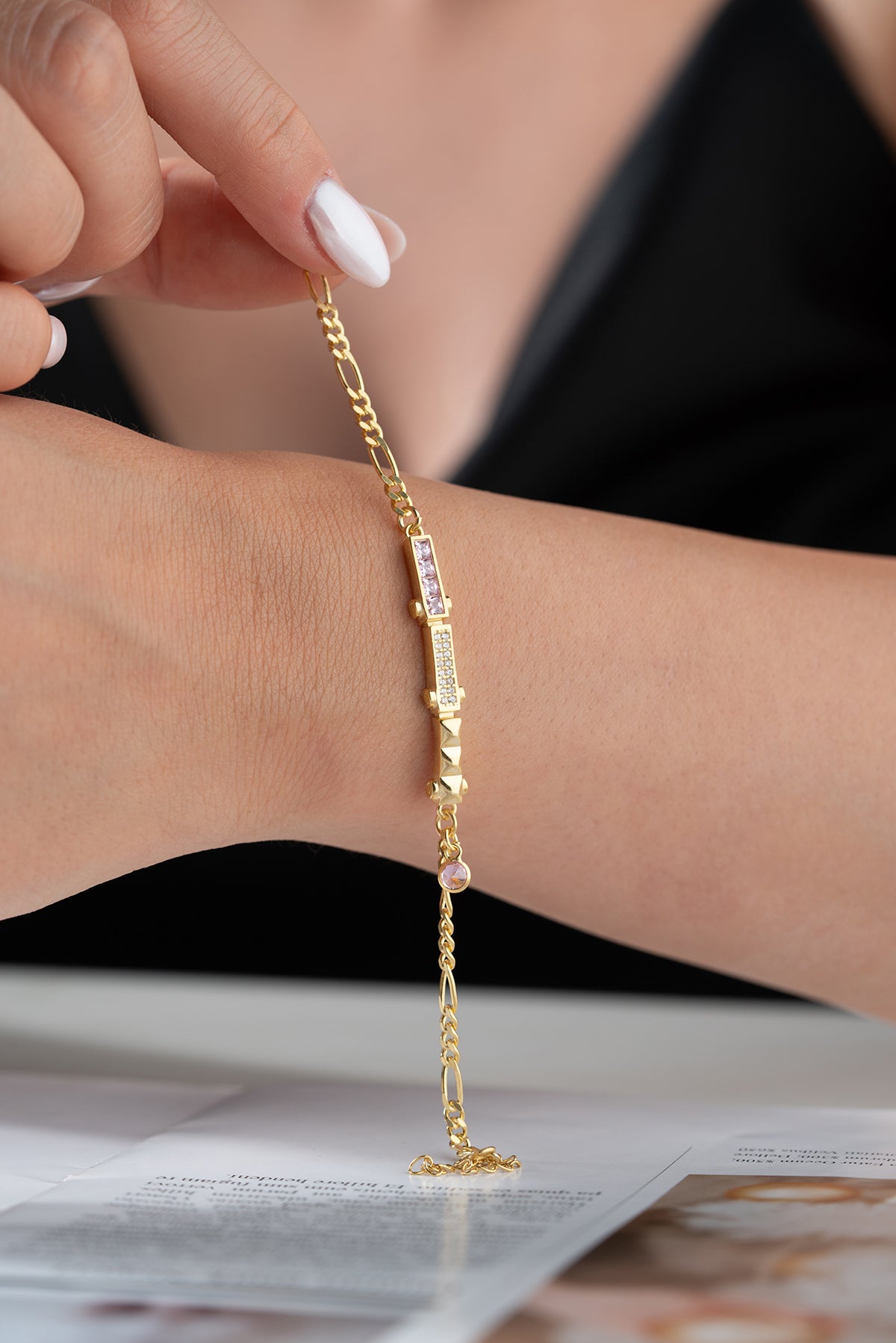 Pink Crystal Baguette Bar Bracelet in Gold