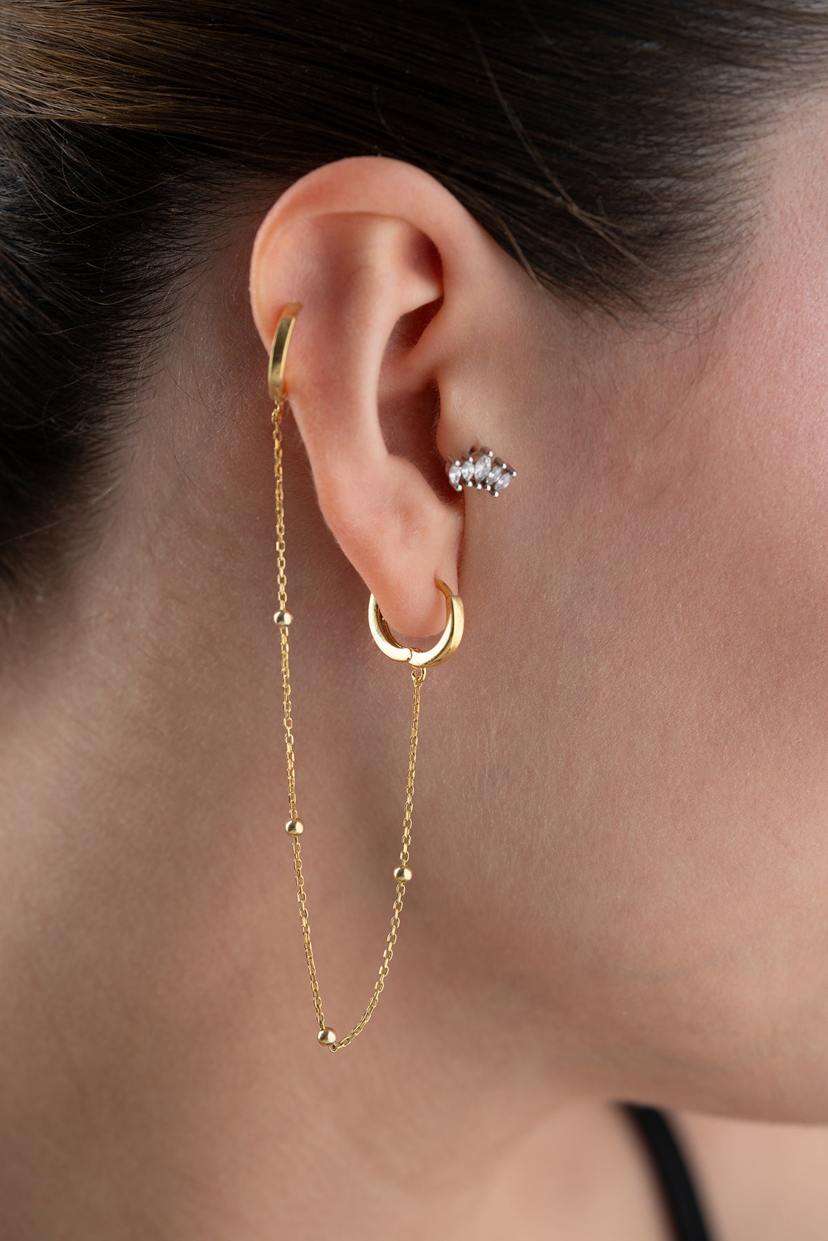 Double Piercing Gold Chain Hoop Earring